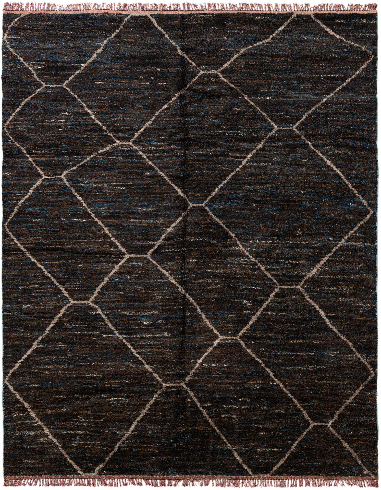 A rectangular 8x10 brown shag rug with a modern tribal diamond pattern in tan and subtle blue accents.