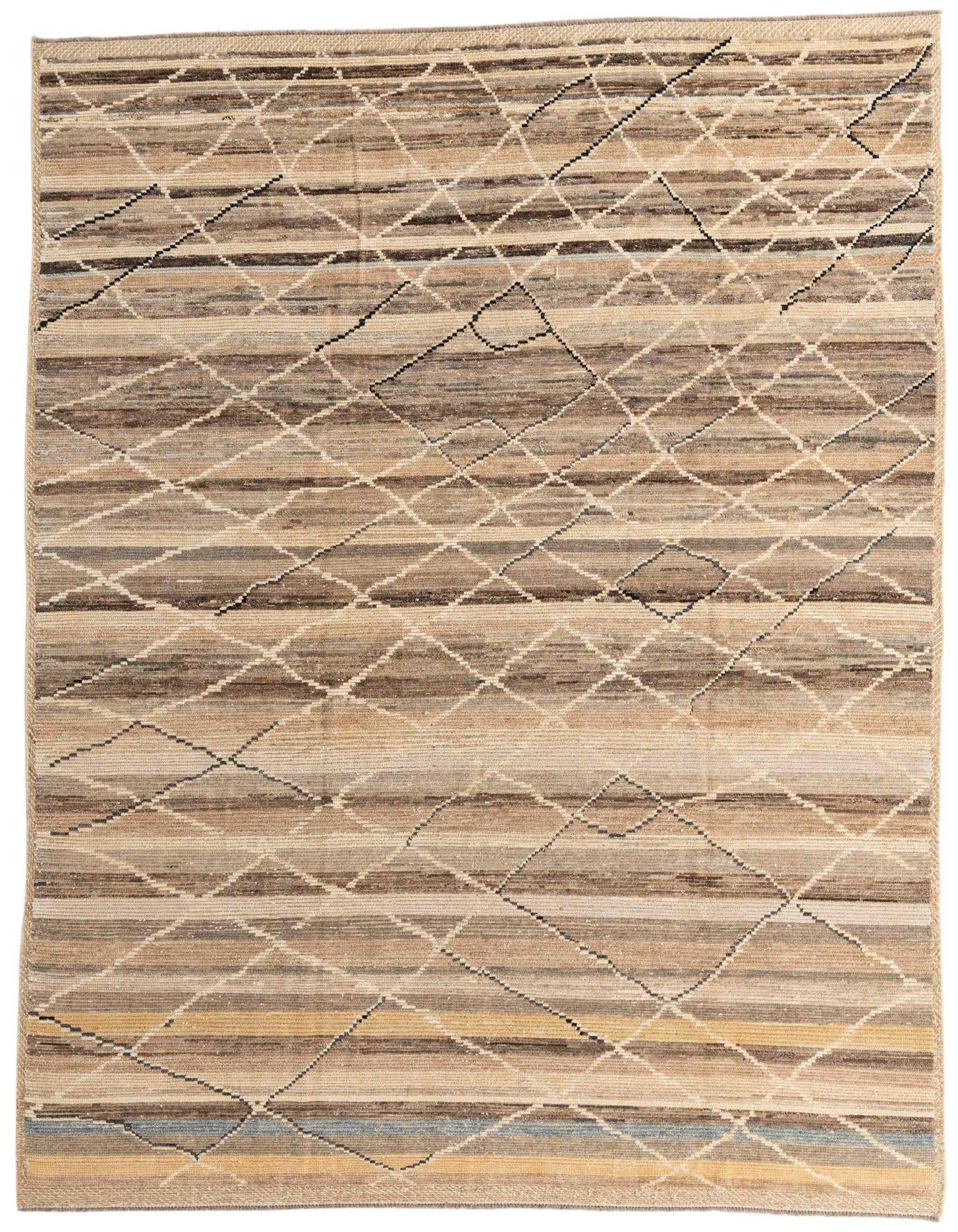 A rectangular 8x12 Moroccan wool shag rug featuring a tribal diamond pattern over horizontal stripes in varying shades of brown and tan.