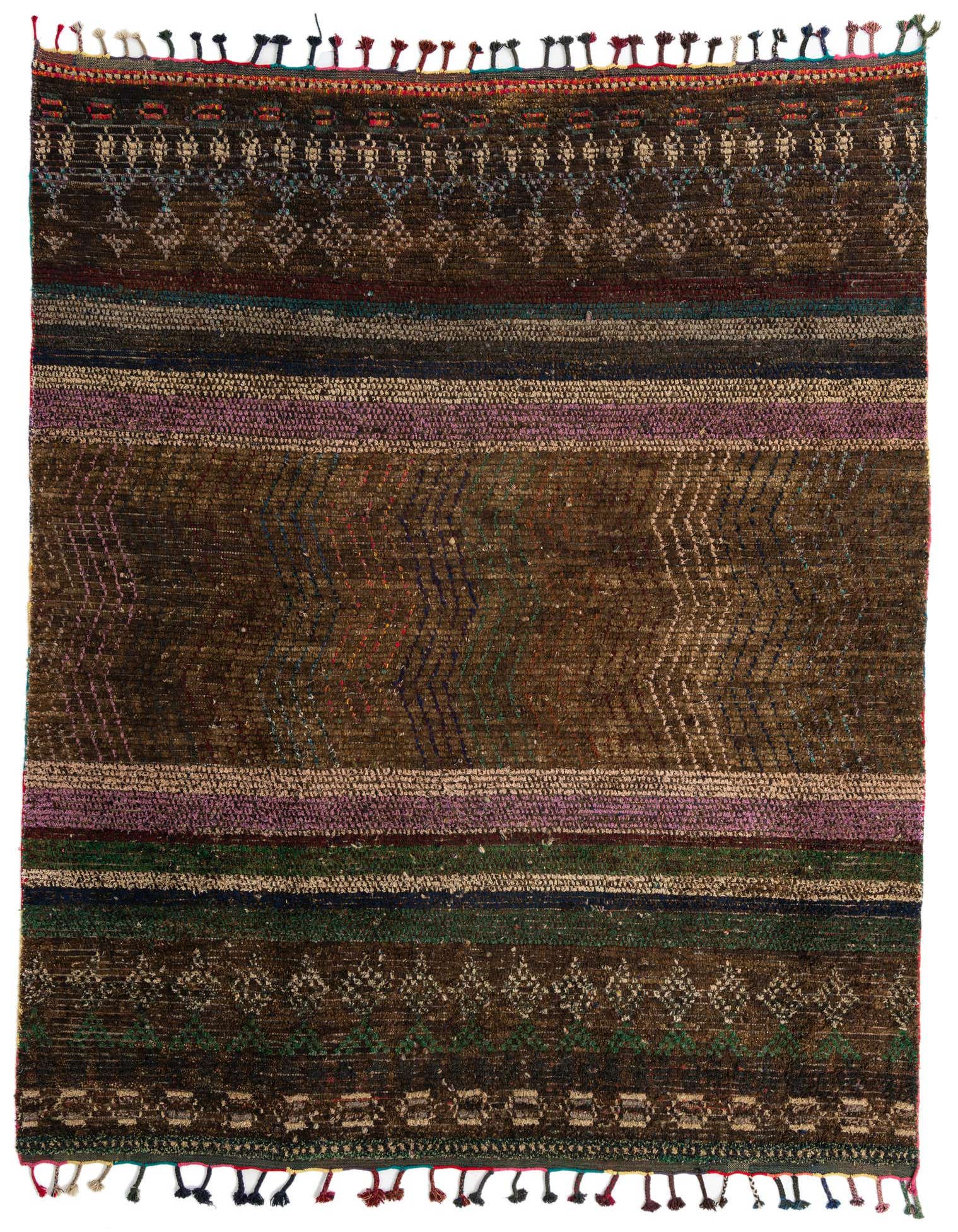 A rectangular 8x10 brown shag rug with tribal patterns in tan, purple, and green stripes, featuring colorful tassels.
