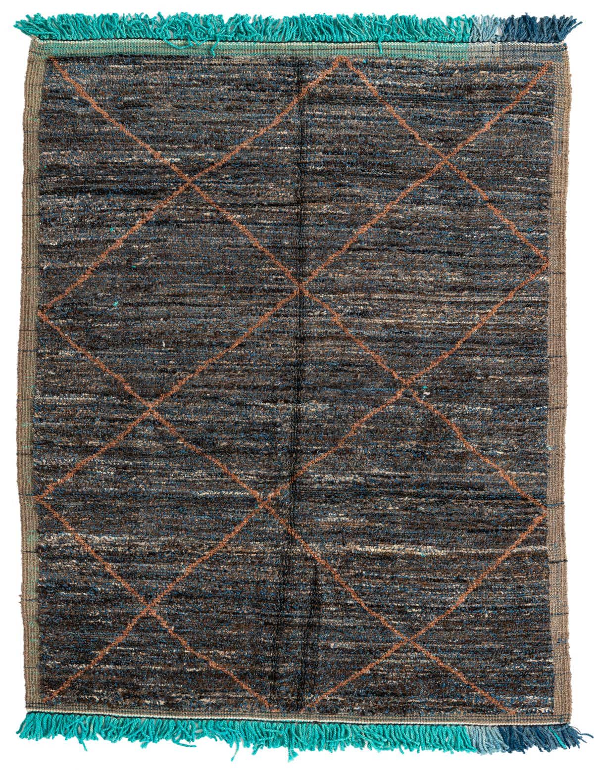 A 5x8 rectangular brown tribal shag rug with a diamond pattern and teal fringe, perfect for a living room.