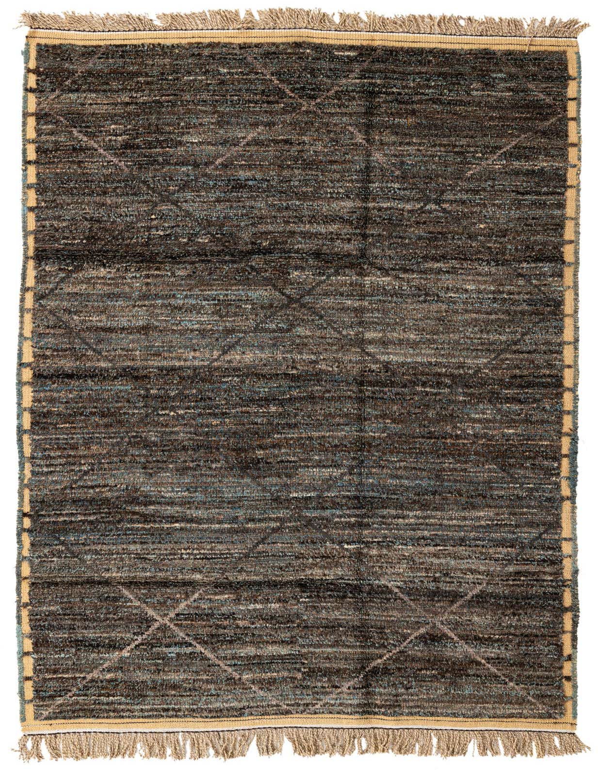 A rectangular 6x9 brown tribal shag rug with subtle diamond patterns and tan fringe, perfect for a living room.