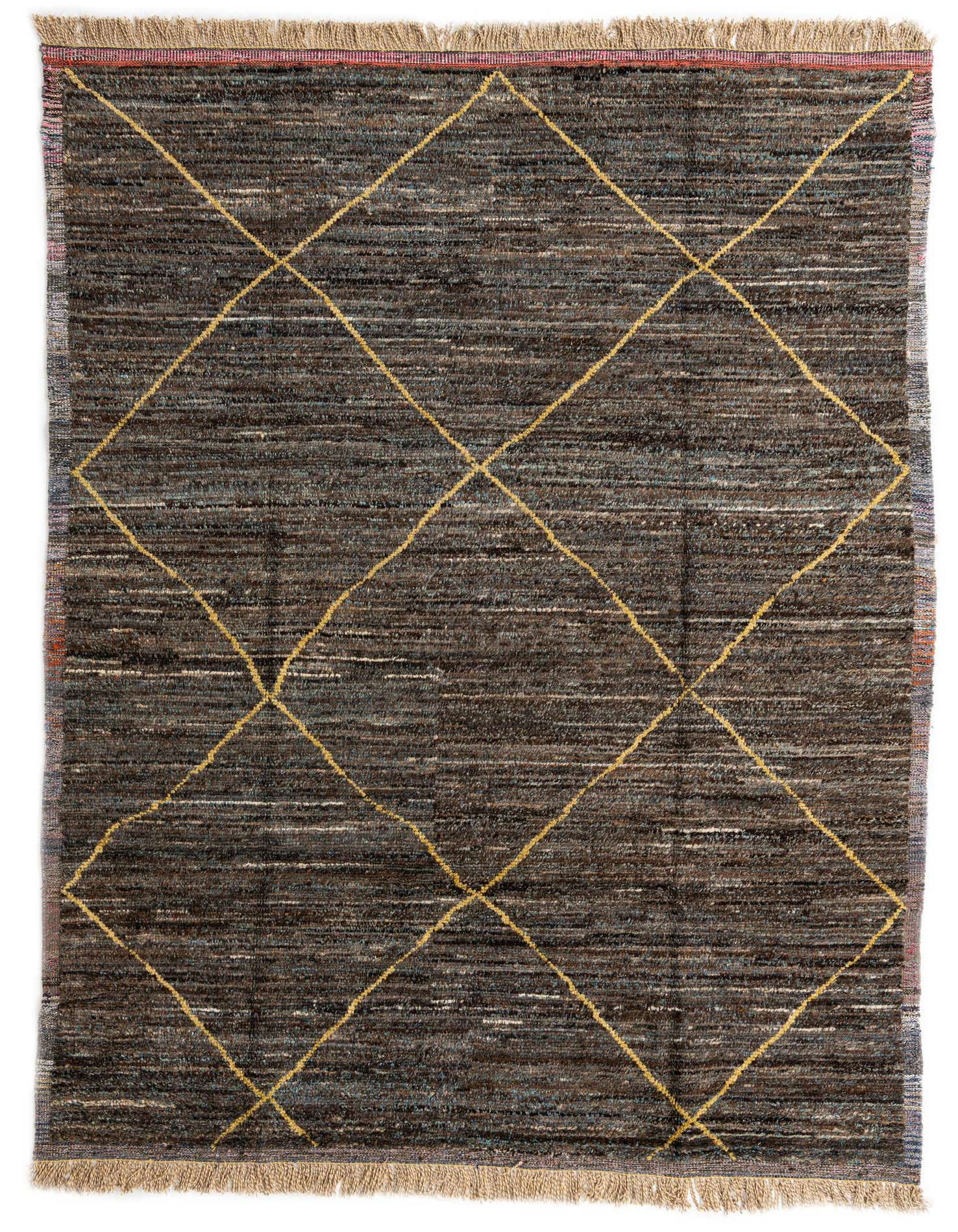 A rectangular 8x11 brown Moroccan shag rug with a yellow tribal diamond pattern and fringe.
