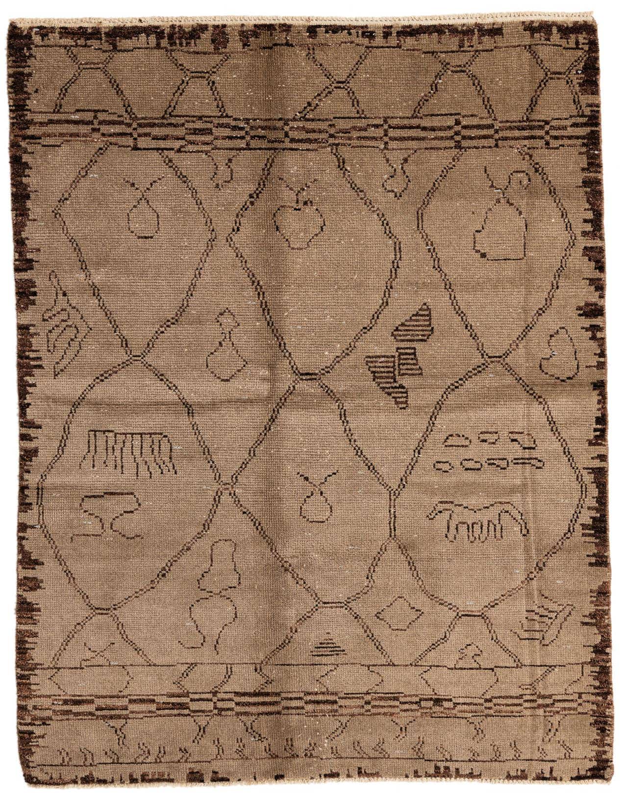 A 5x8 rectangular Moroccan tribal wool rug in shades of brown and tan, featuring an abstract geometric pattern with unique symbols.