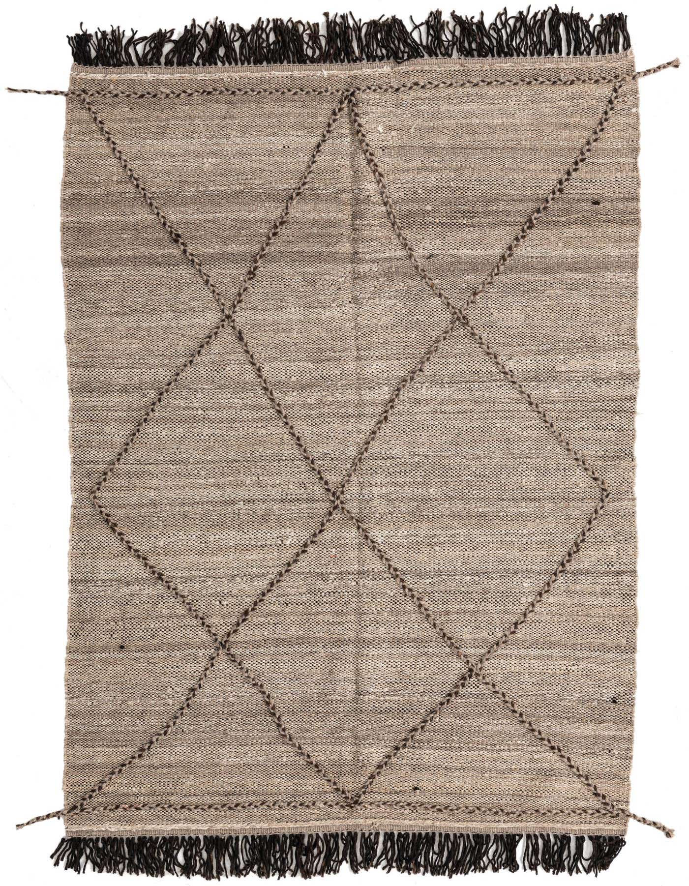 A 5x8 rectangular brown and tan wool shag rug with a tribal diamond pattern and dark fringe.