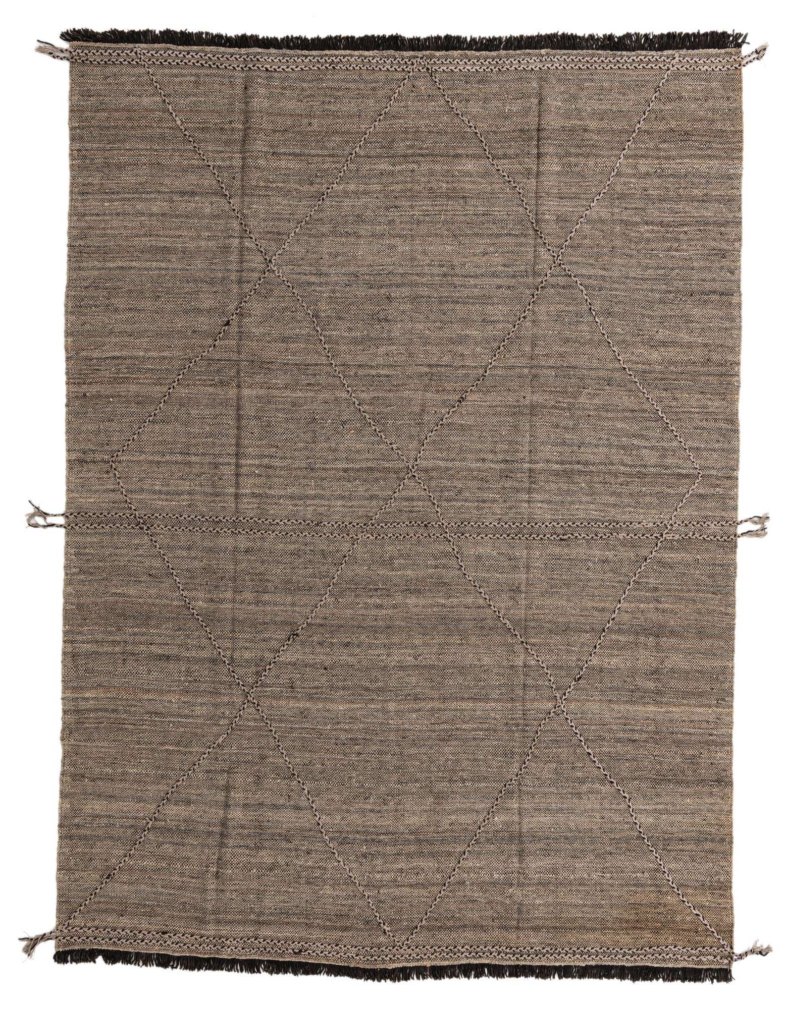 A rectangular 8x10 brown and tan wool shag rug with a modern tribal diamond pattern, ideal for a living room.