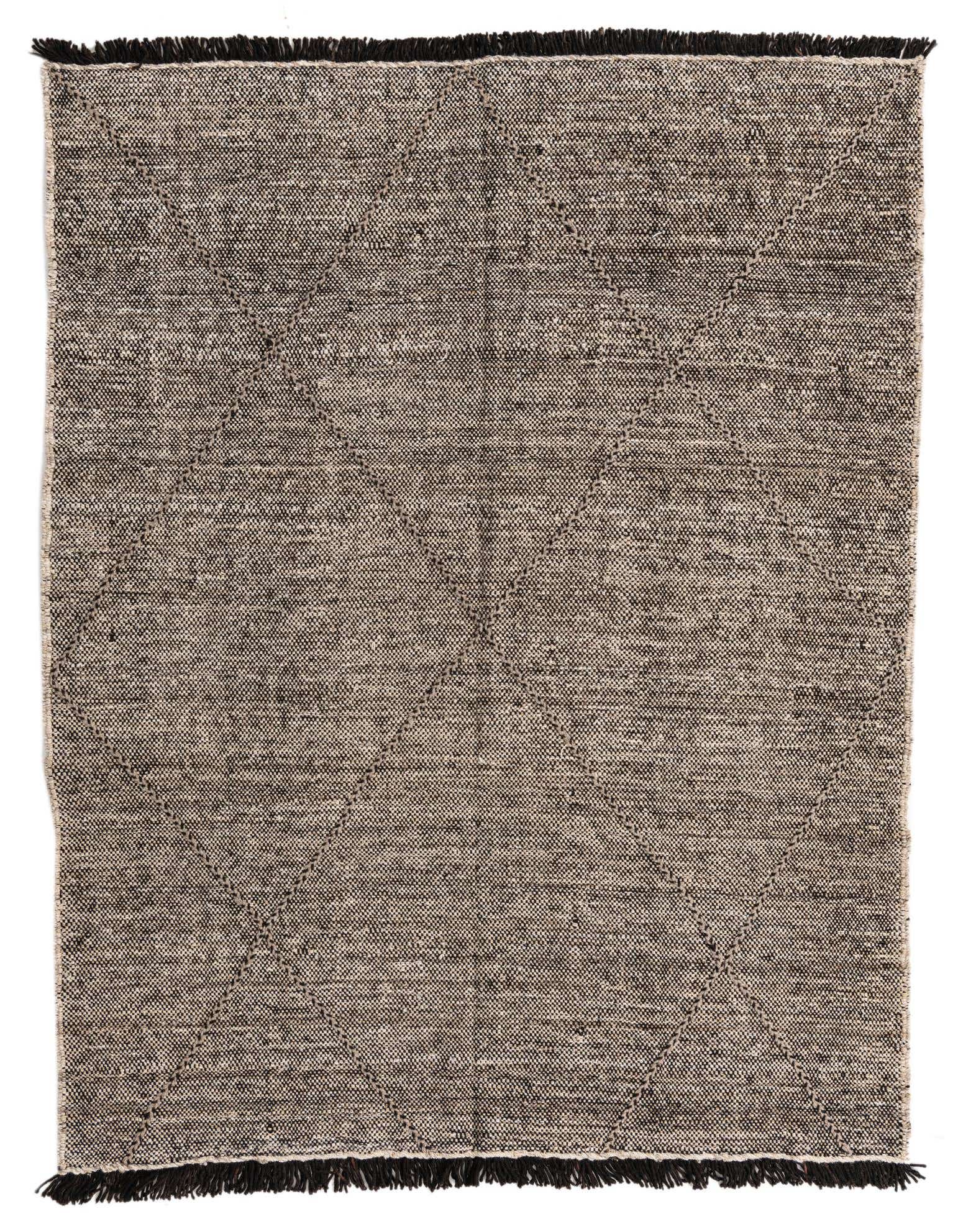 A 5x8 rectangular brown and tan wool shag rug with a subtle tribal diamond pattern and dark fringe.