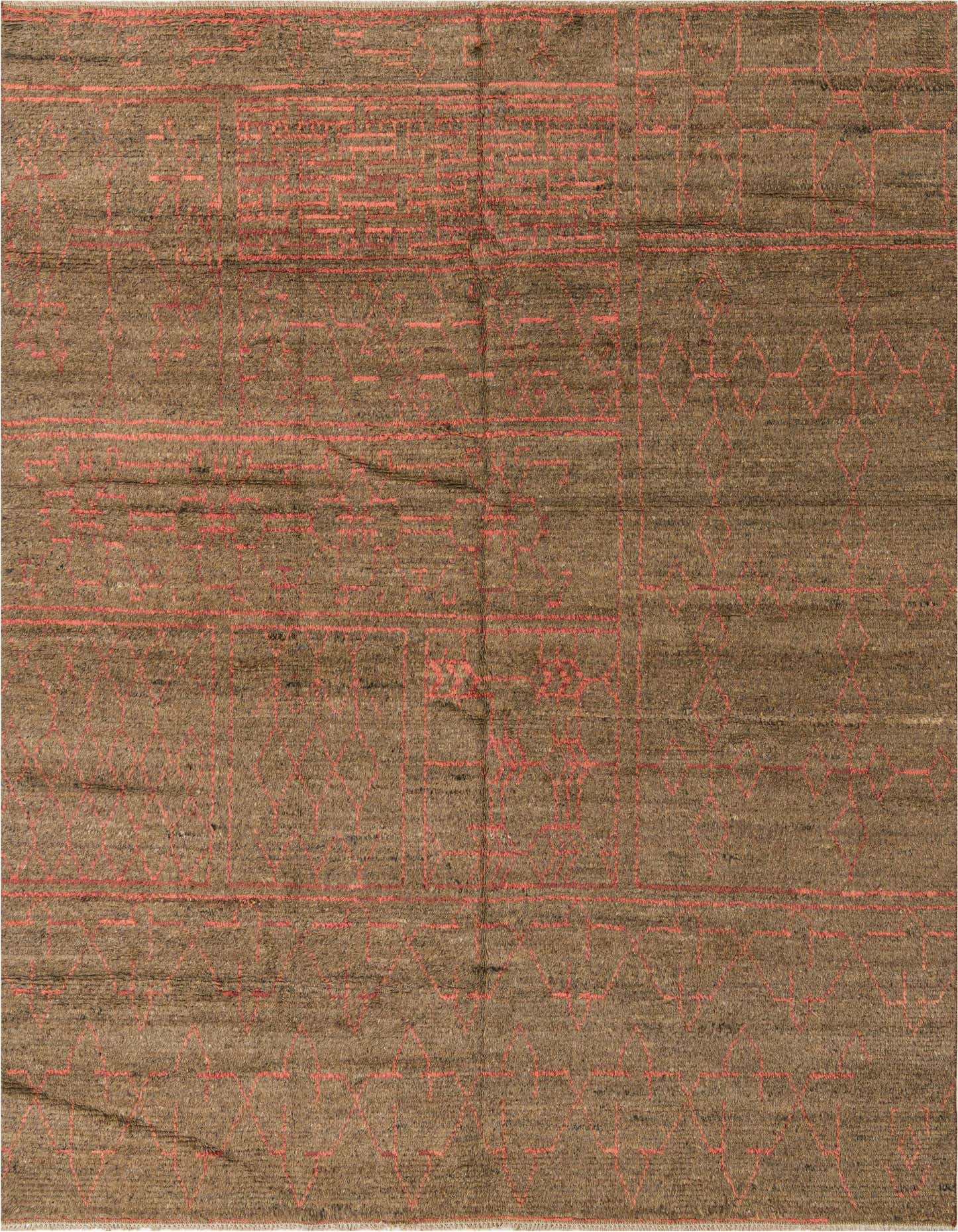 A 9x12 rectangular shag rug with a brown and tan base and subtle red tribal patterns, ideal for a living room.