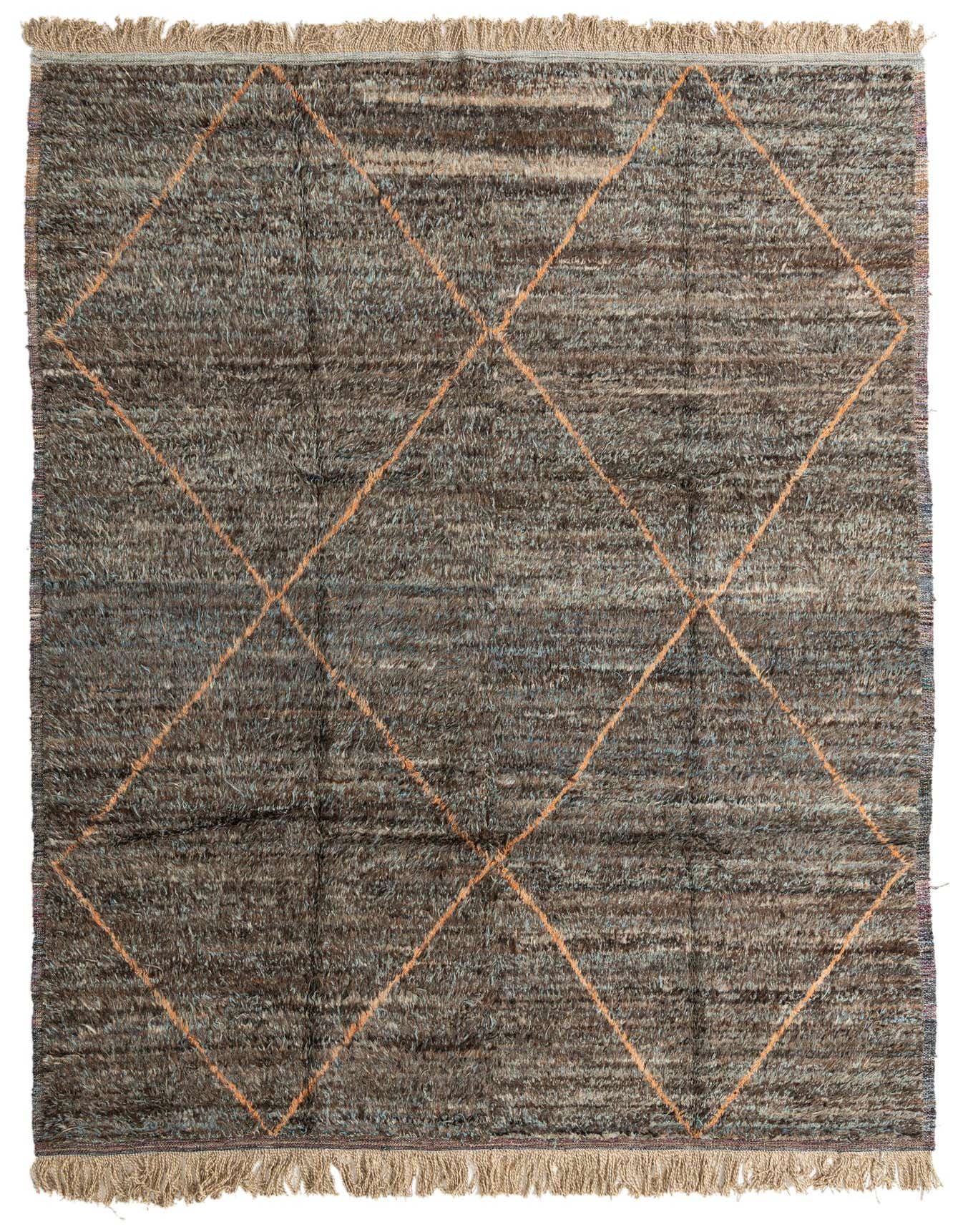 A 9x12 rectangular brown shag rug with a subtle tribal diamond pattern in lighter tan, featuring fringed edges.