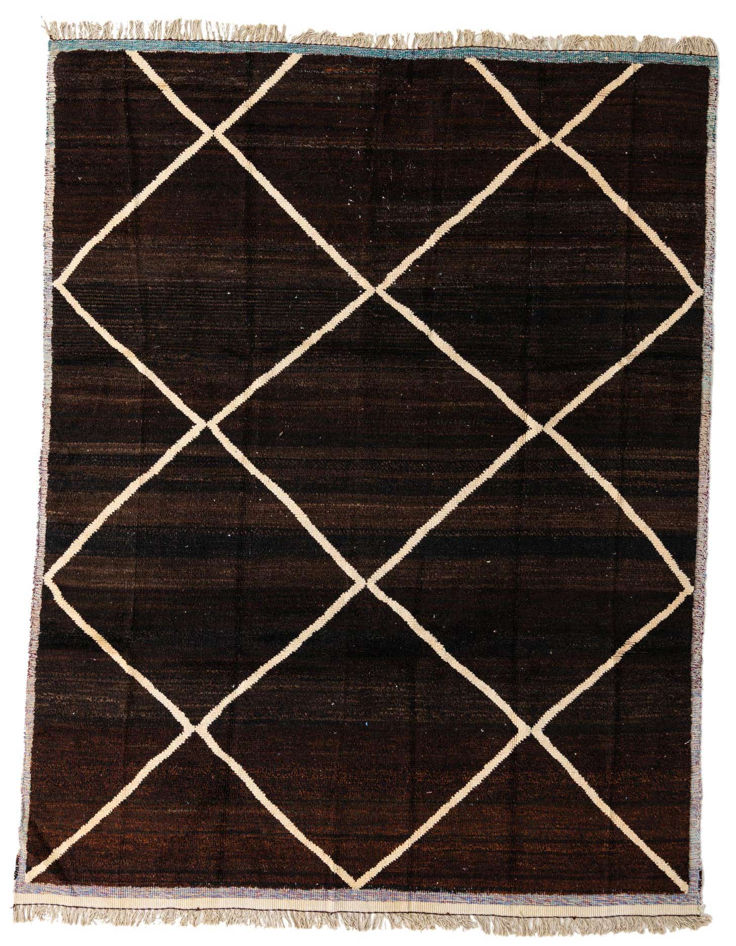 A 9x12 rectangular brown shag rug with a bold tan diamond lattice pattern, suitable for a living room.
