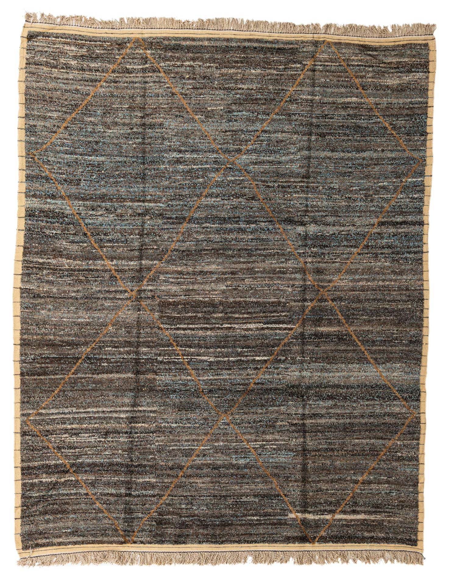 A 9x12 rectangular brown shag rug with subtle blue flecks and a prominent tan diamond pattern, perfect for a modern living room.