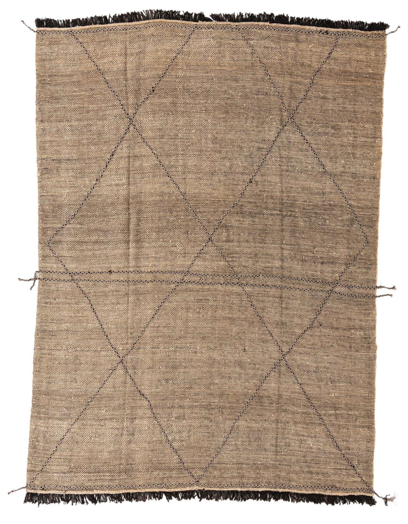 An 8x10 rectangular brown wool shag rug with a black tribal diamond pattern and black fringe.