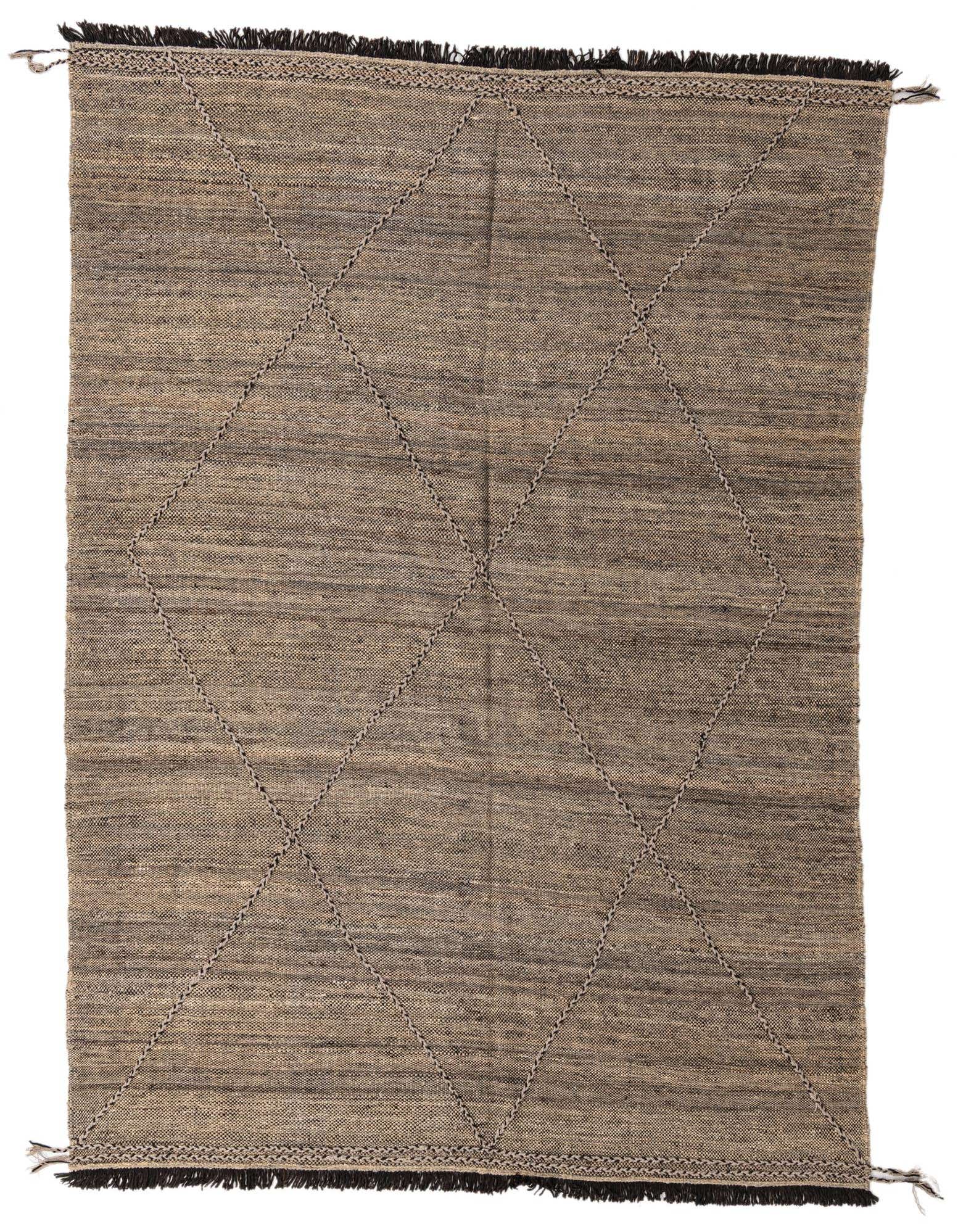 A 7x10 rectangular brown and tan tribal wool rug with a shag pile and diamond pattern.