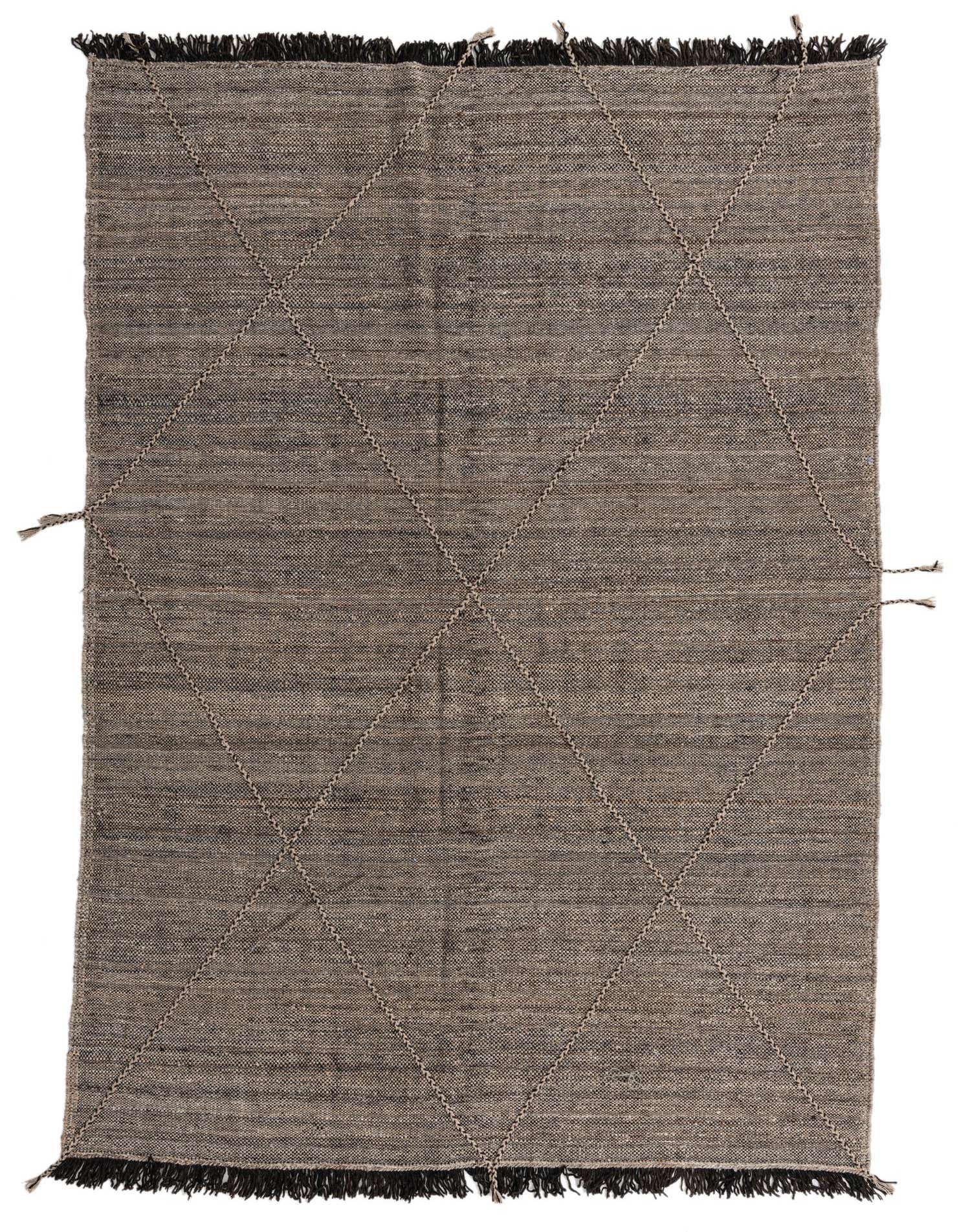 A 7x10 rectangular brown wool shag rug with a modern tribal diamond pattern and black fringe.