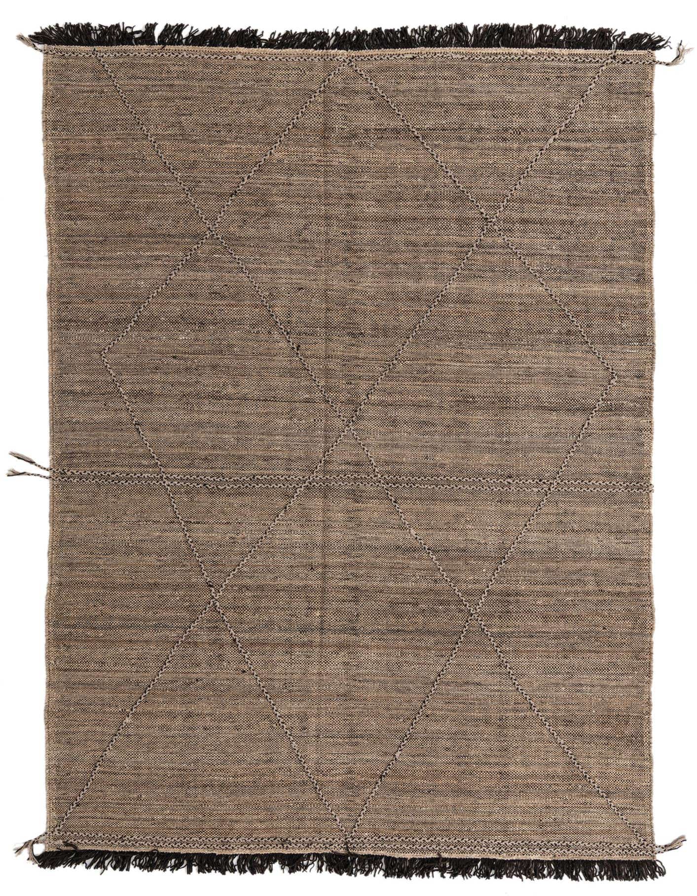 A 7x10 rectangular brown wool tribal rug with a textured shag pile and dark fringes, featuring a modern diamond pattern.