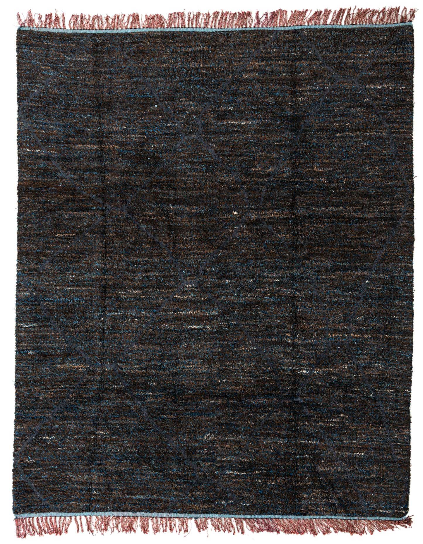 A rectangular 8x10 brown shag rug with subtle blue and tan tribal patterns and red fringe.
