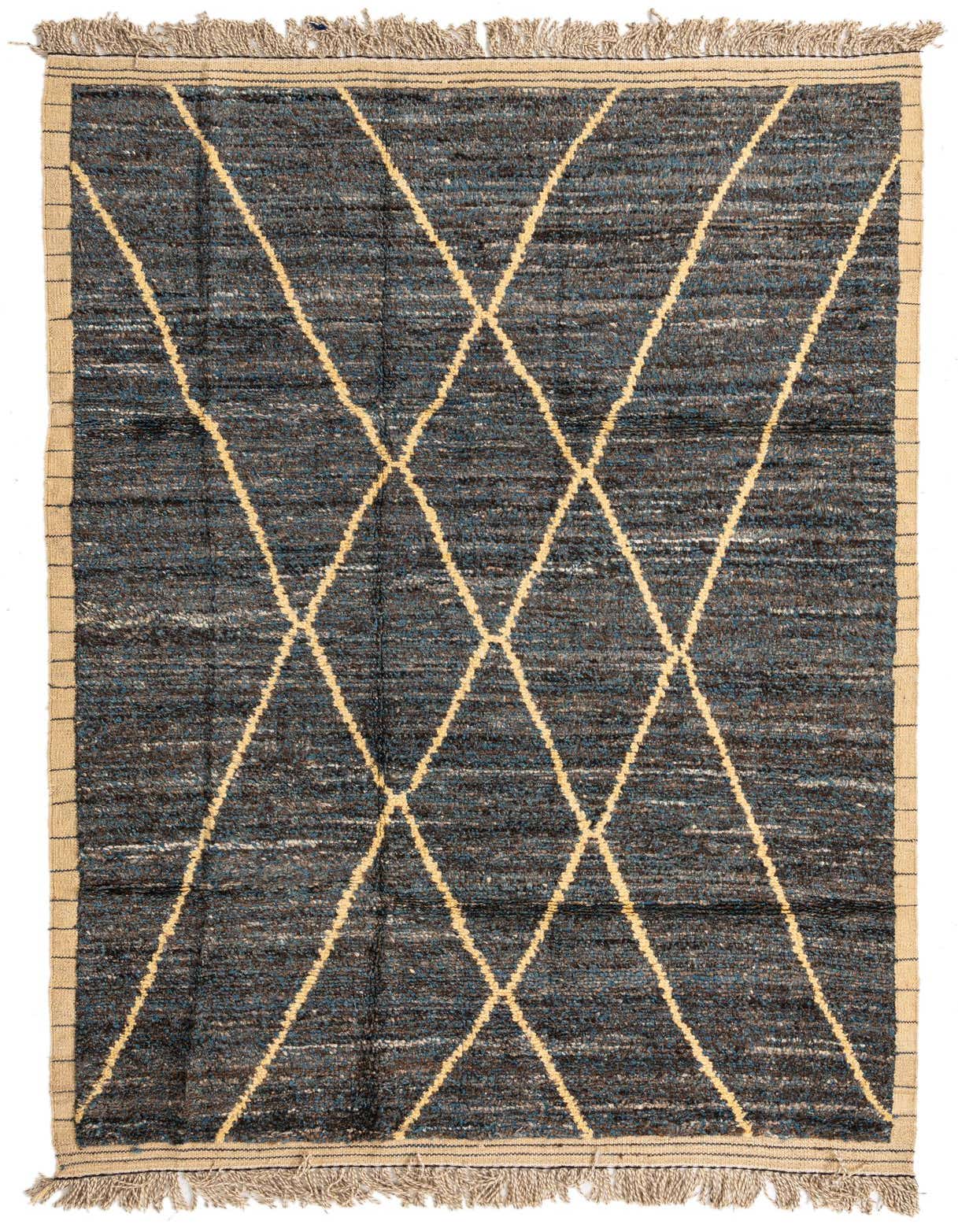 A rectangular 6x9 brown wool shag rug with a tan border and a repeating tan diamond pattern, suitable for a living room.