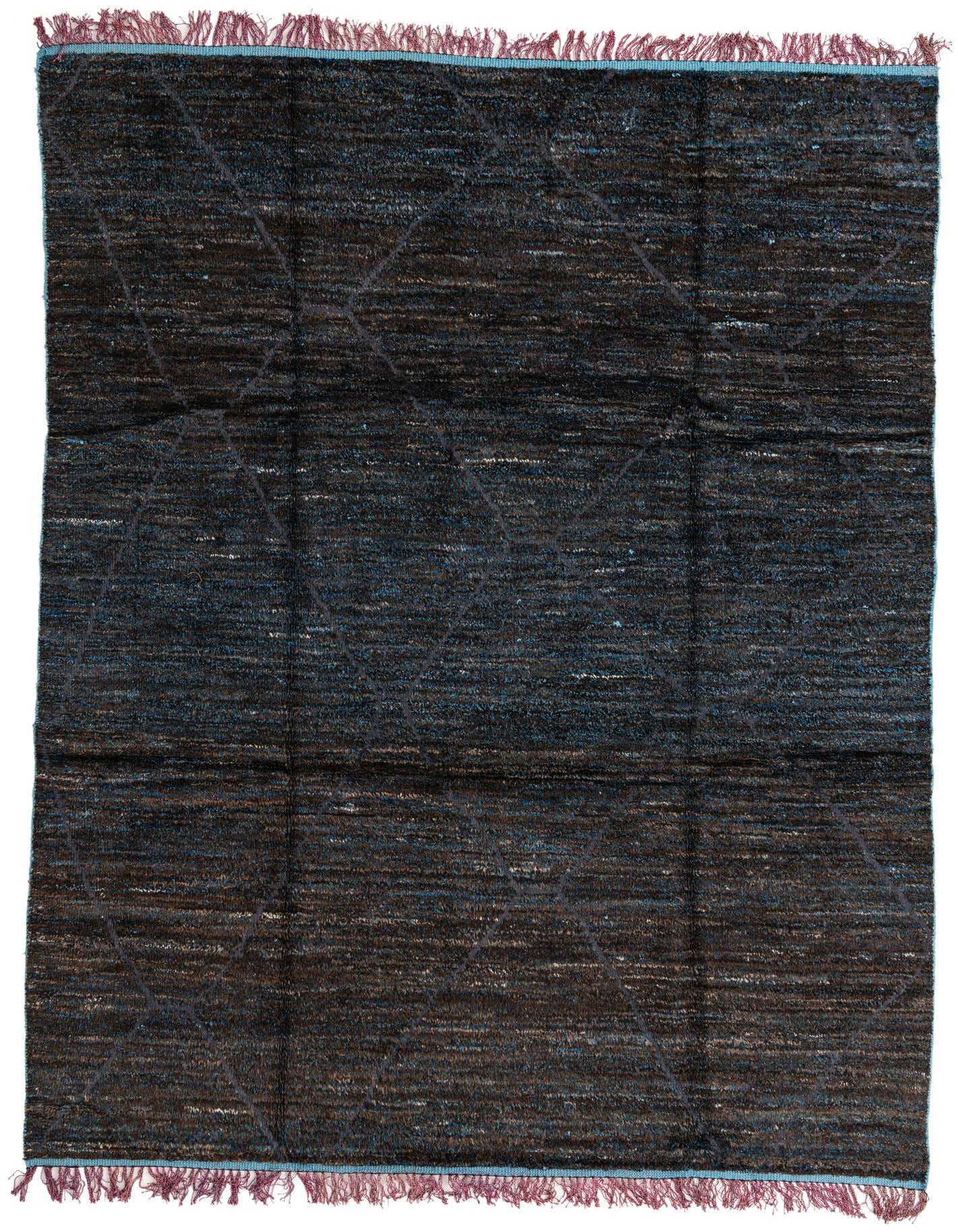 A 9x12 rectangular brown shag rug with subtle tribal patterns and blue fringe, ideal for a living room.