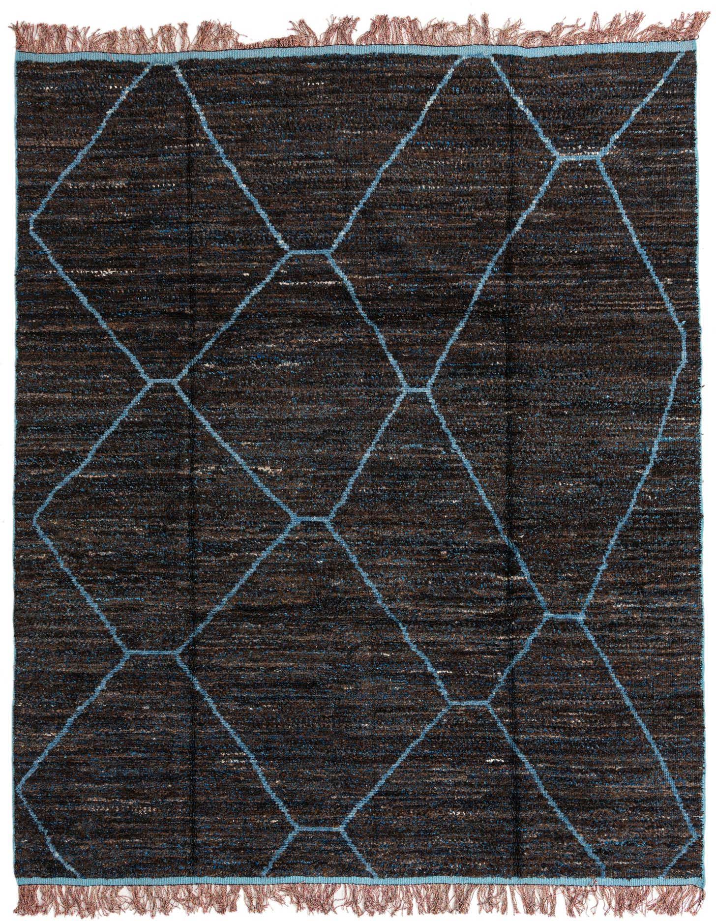 A rectangular 8x10 brown shag rug with a modern tribal pattern of light blue geometric lines, featuring a textured pile and short brown fringe.