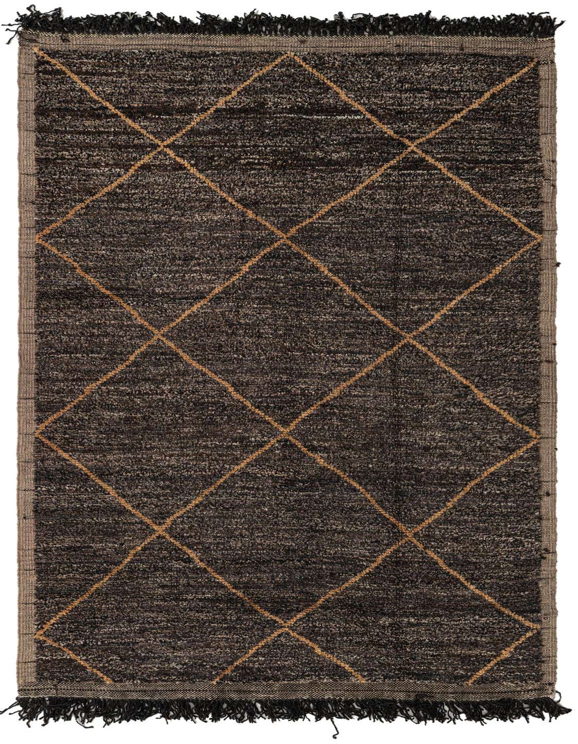A 5x8 rectangular brown shag rug with a tan diamond tribal pattern and black fringe, suitable for a living room.