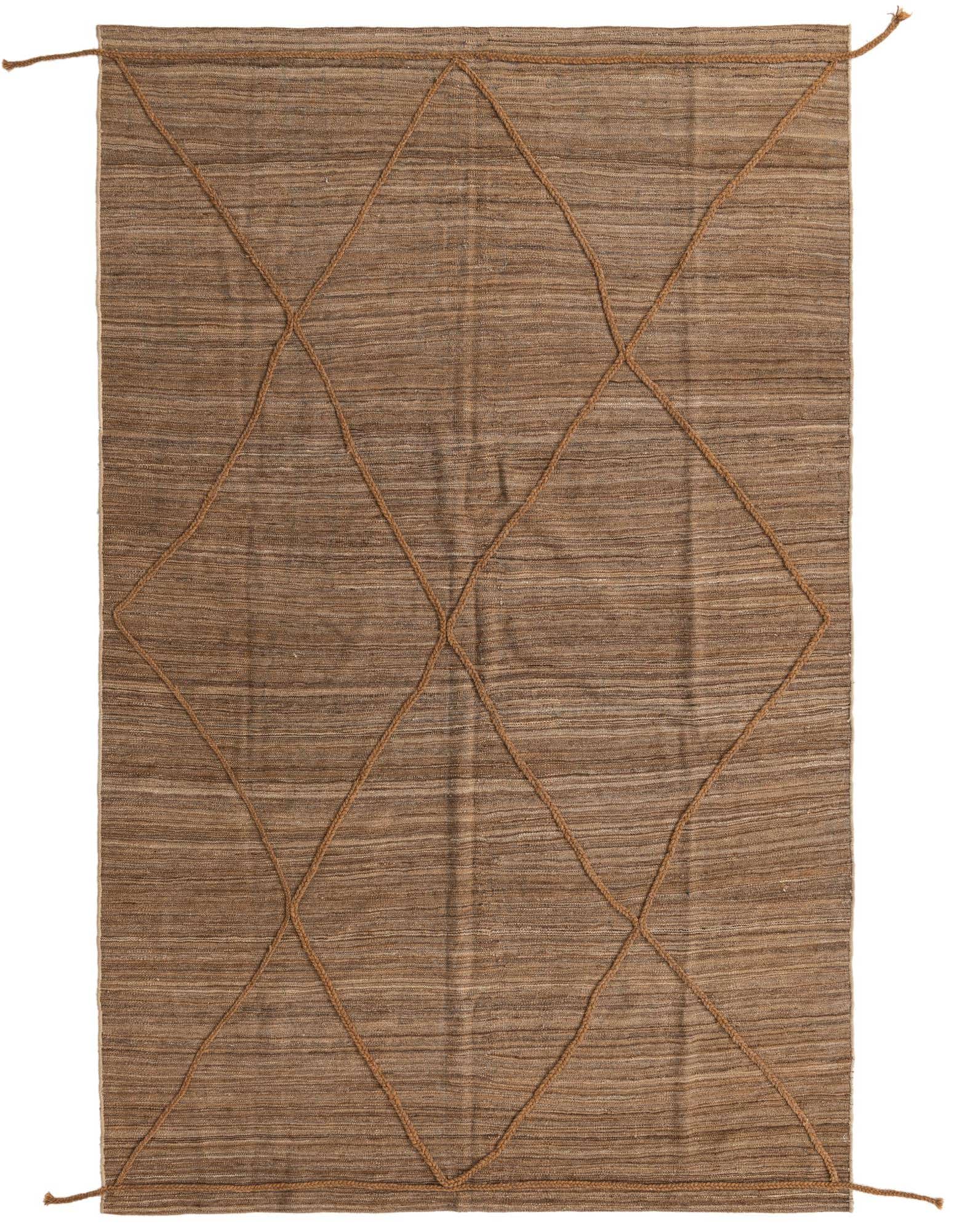 A 5x8 rectangular brown wool shag rug with a tribal diamond pattern made from braided rope, perfect for a living room.