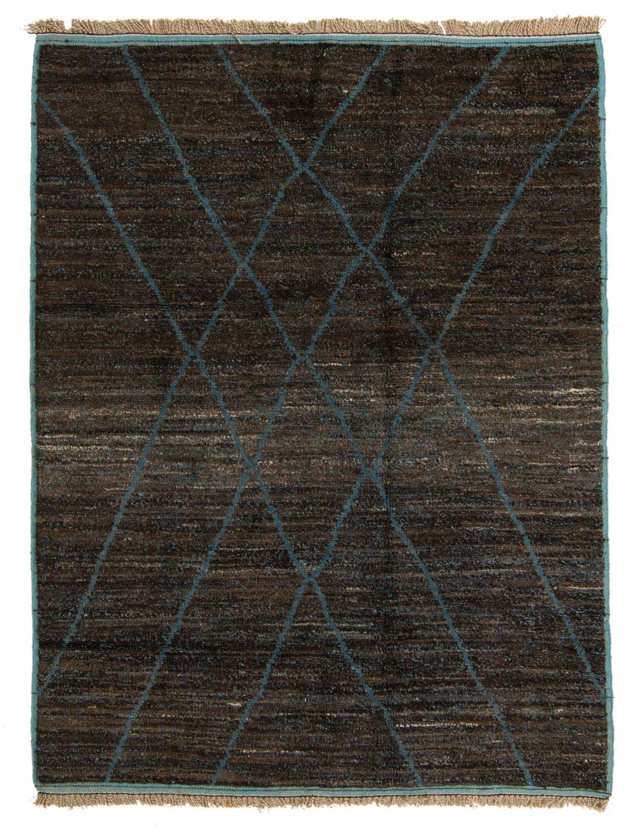 A 6x9 rectangular brown shag rug with a modern tribal diamond pattern in blue, suitable for a living room.