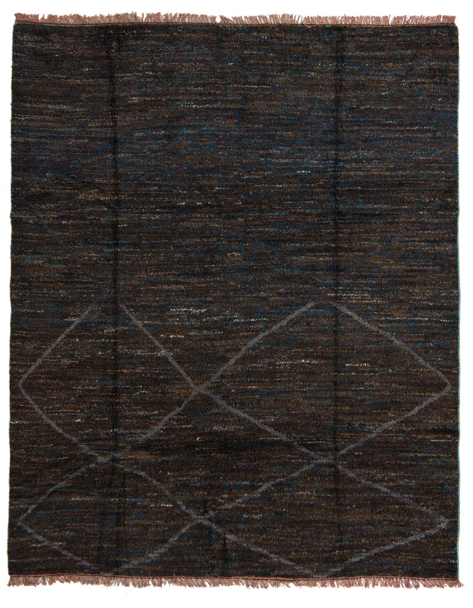 A 7x10 rectangular brown shag wool rug with subtle tan and blue flecks and a faint tribal diamond pattern.