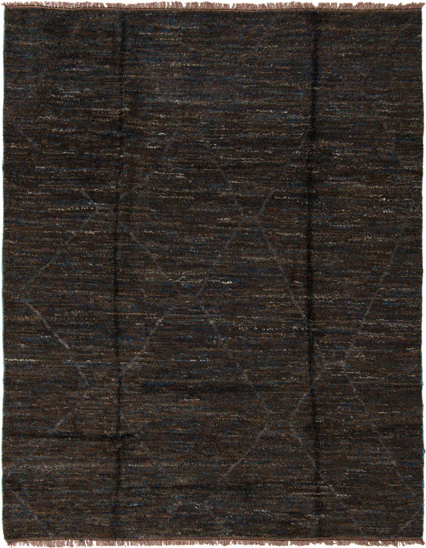 A rectangular 8x10 brown shag rug with subtle tan and blue flecks and a faint tribal pattern, perfect for a living room.