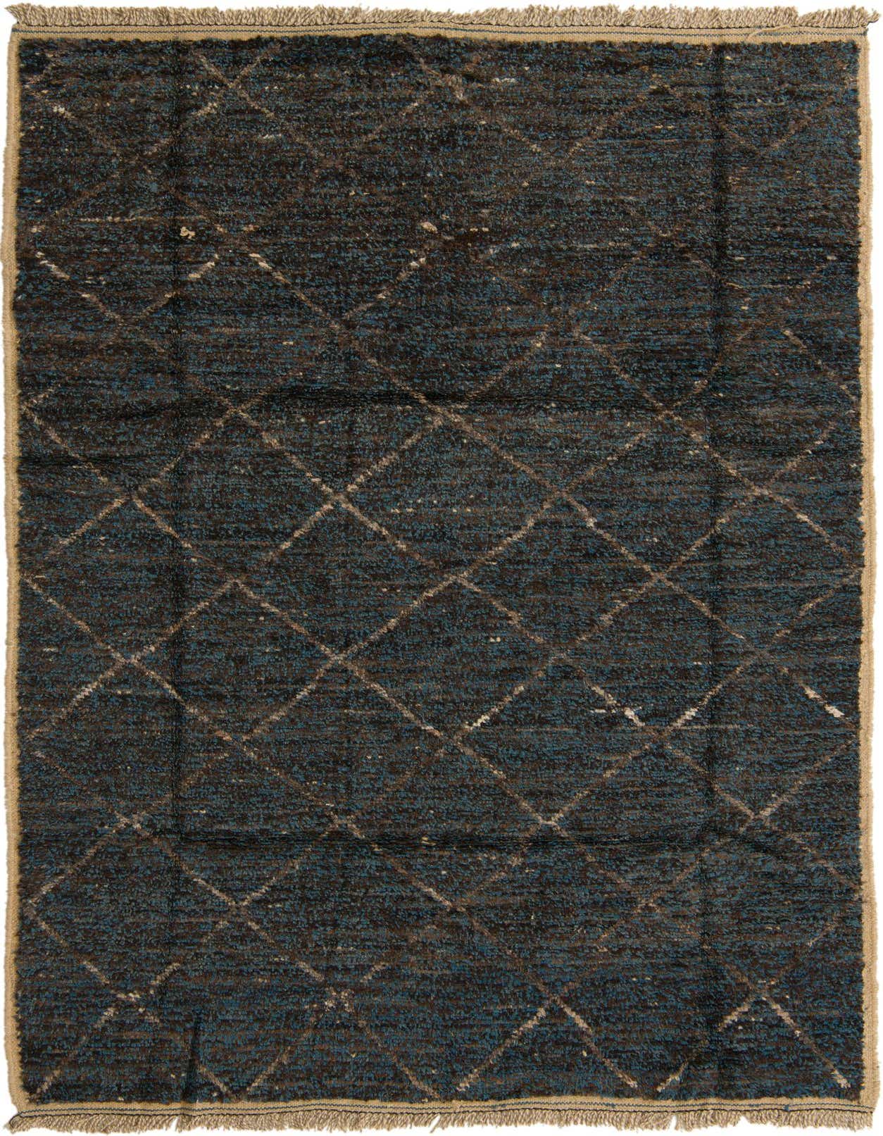 A 6x9 rectangular Moroccan shag rug with a dark brown and blue base and a subtle light brown diamond tribal pattern.