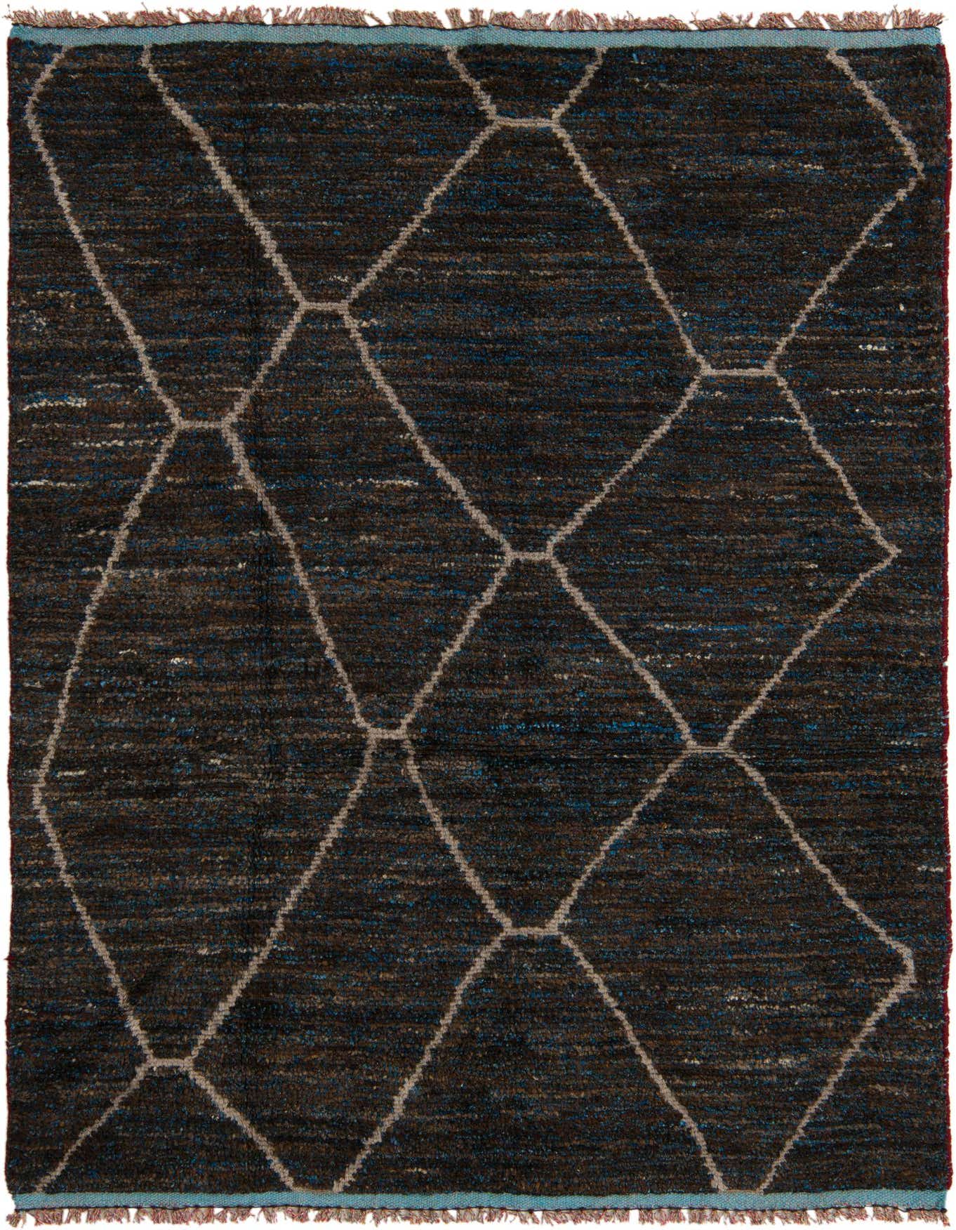 A 5x8 rectangular brown wool shag rug with a modern tribal diamond pattern in tan, suitable for a living room or bedroom.