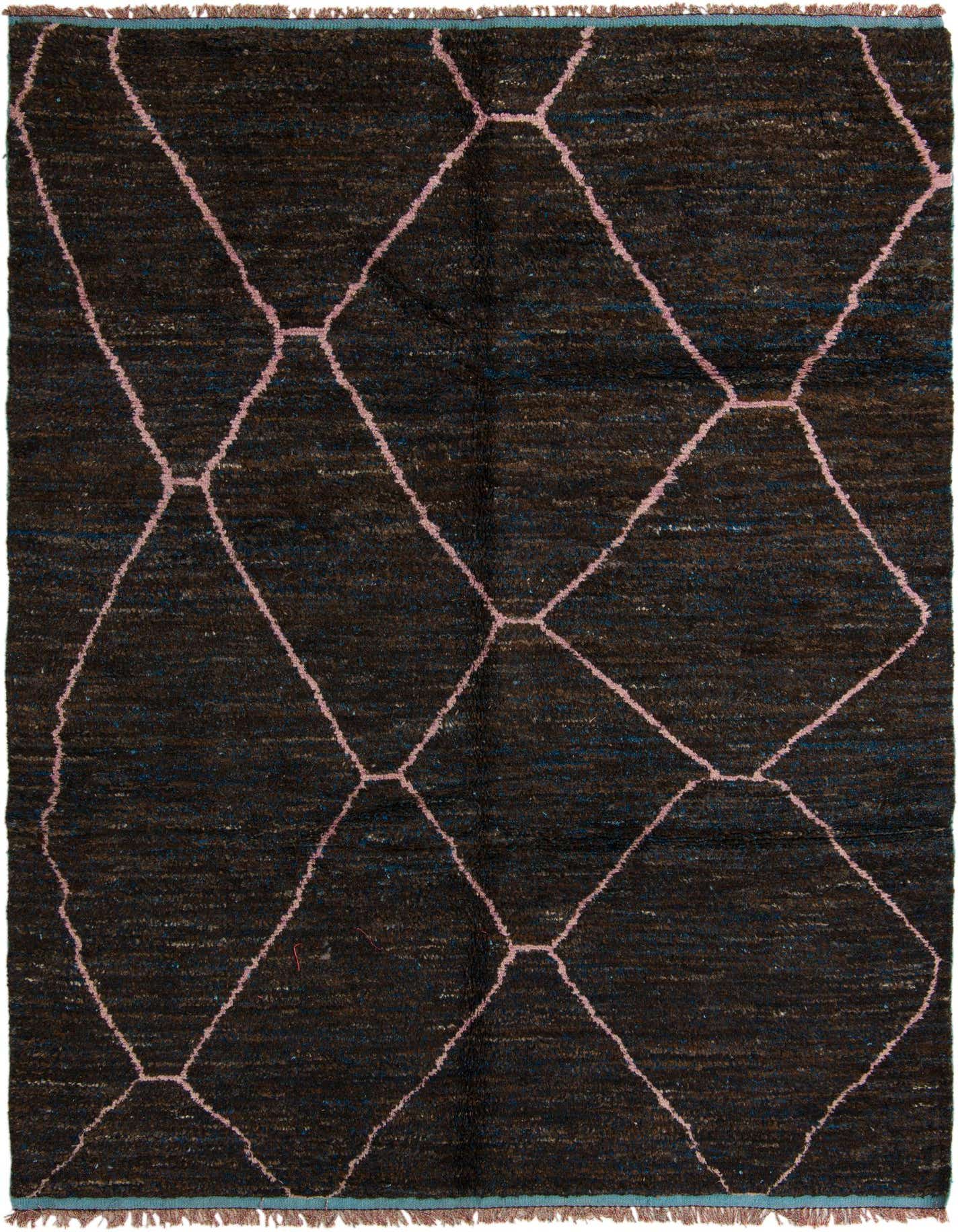 A 7x10 rectangular brown shag rug with a pink diamond tribal pattern and subtle blue accents.