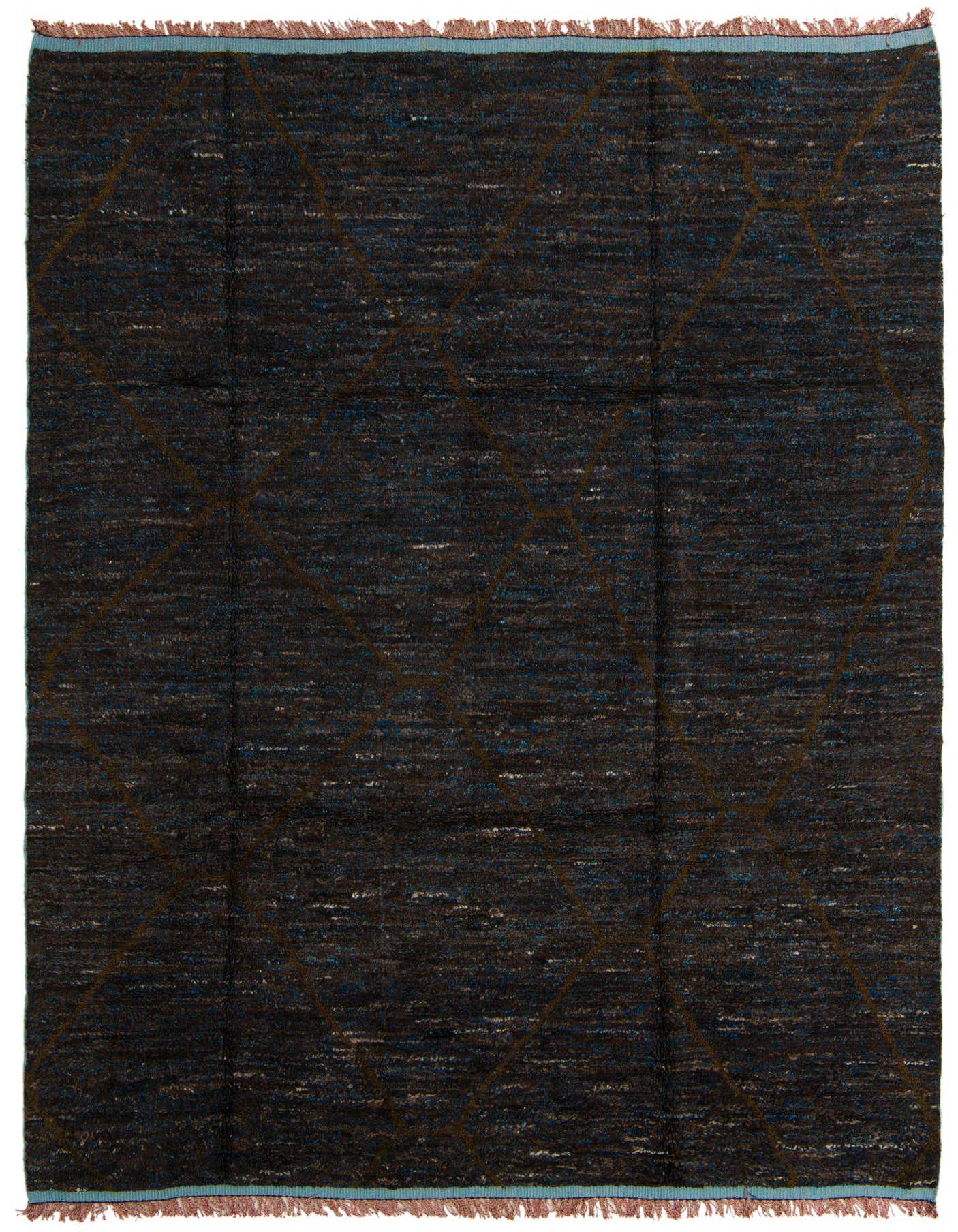 A rectangular 8x11 brown wool shag rug with a subtle tribal diamond pattern, ideal for a living room.