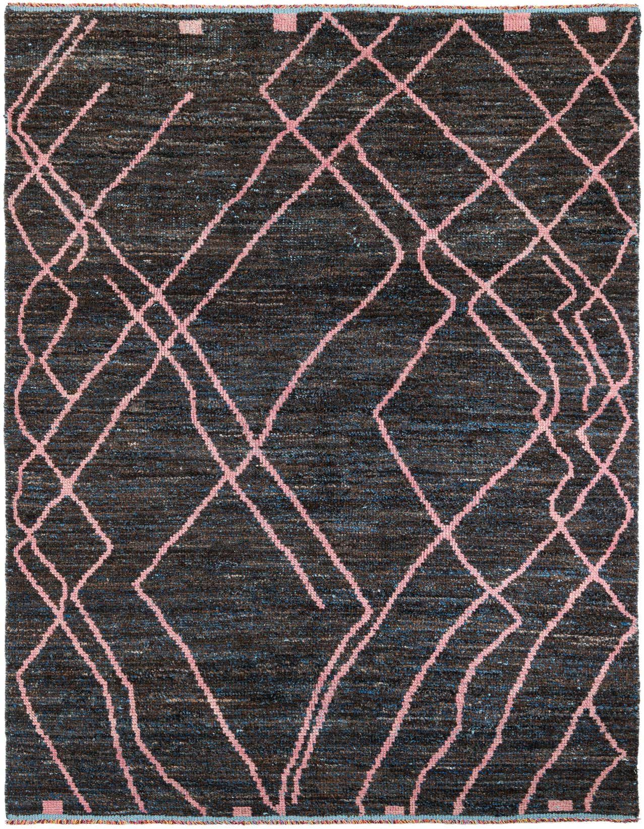 A 6x9 rectangular brown shag rug with a modern tribal pattern of wavy pink lines forming abstract diamonds.