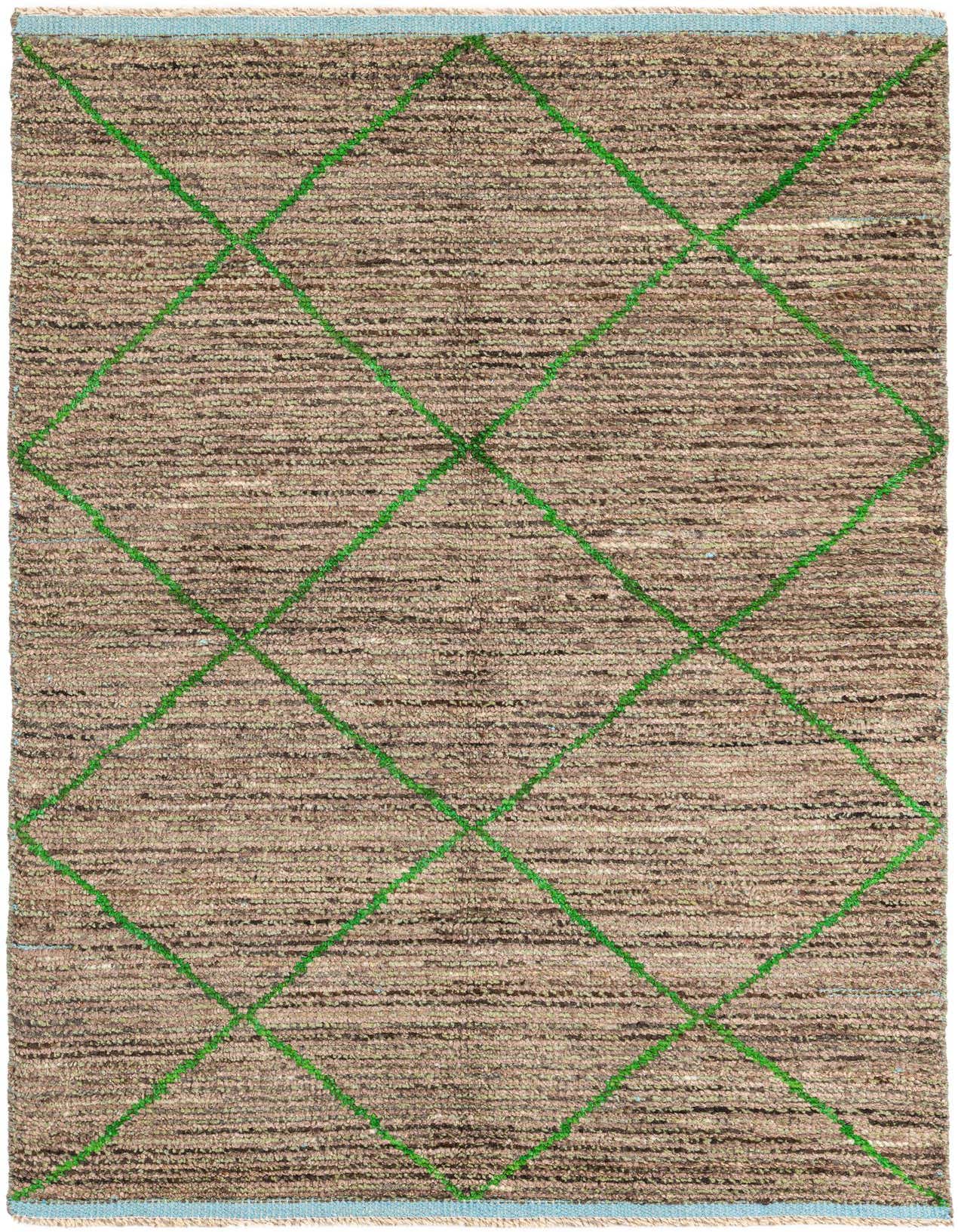 A 4x6 rectangular brown shag rug with a bright green tribal diamond pattern and light blue trim.