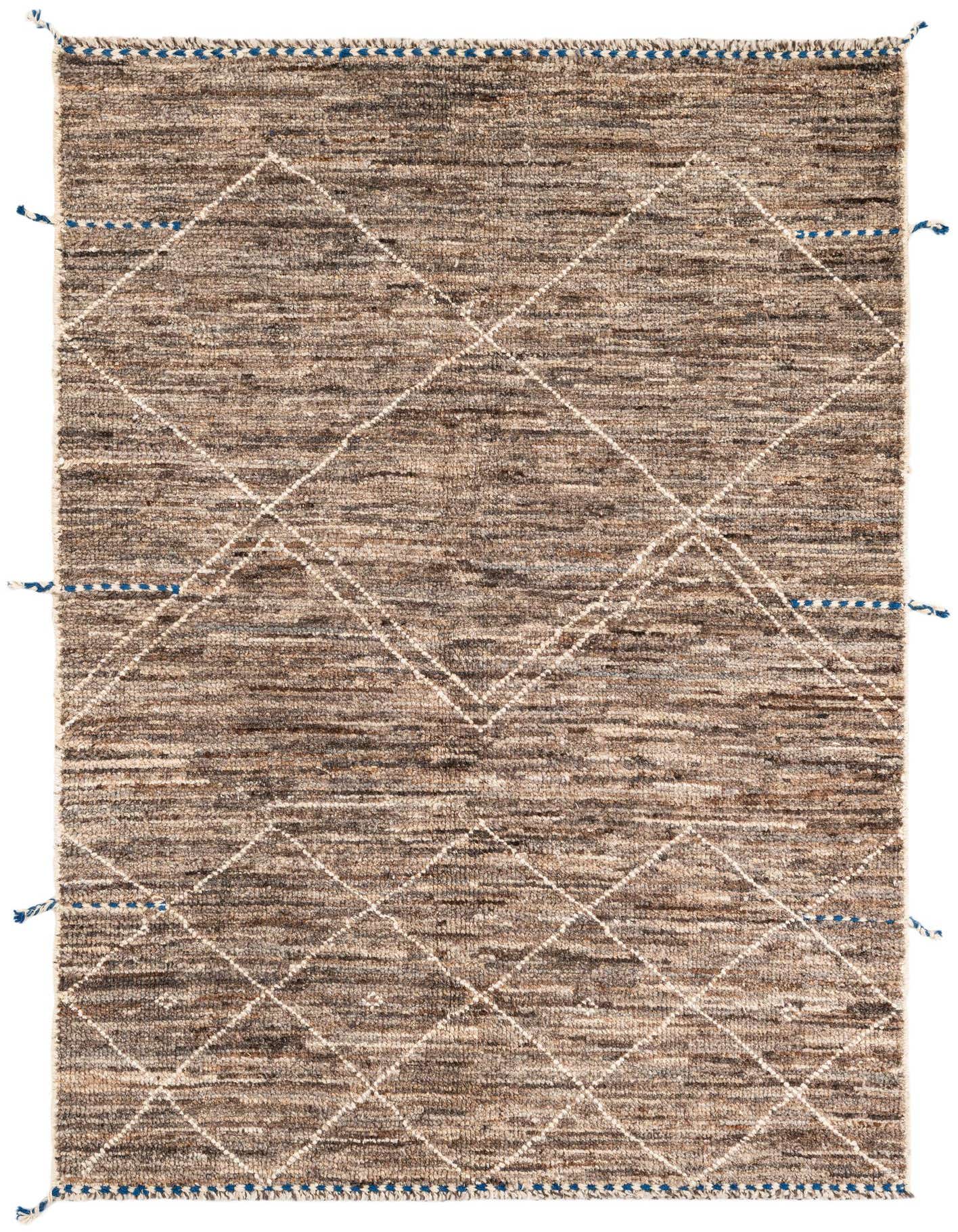 A 4x6 rectangular brown tribal shag rug with a modern diamond pattern in tan and blue accents.