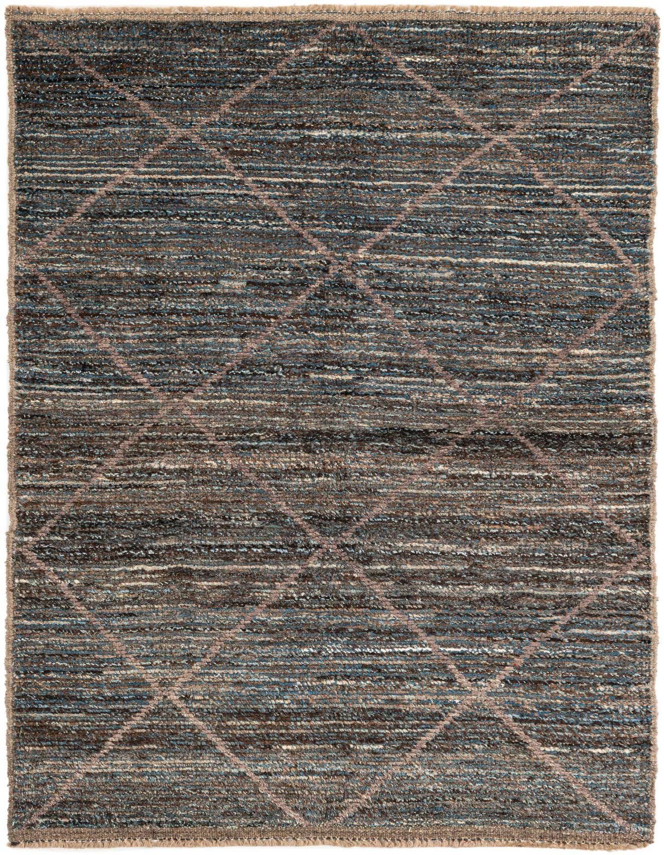 A 4x6 rectangular brown Moroccan shag rug with a subtle tribal diamond pattern in lighter brown and blue hues.