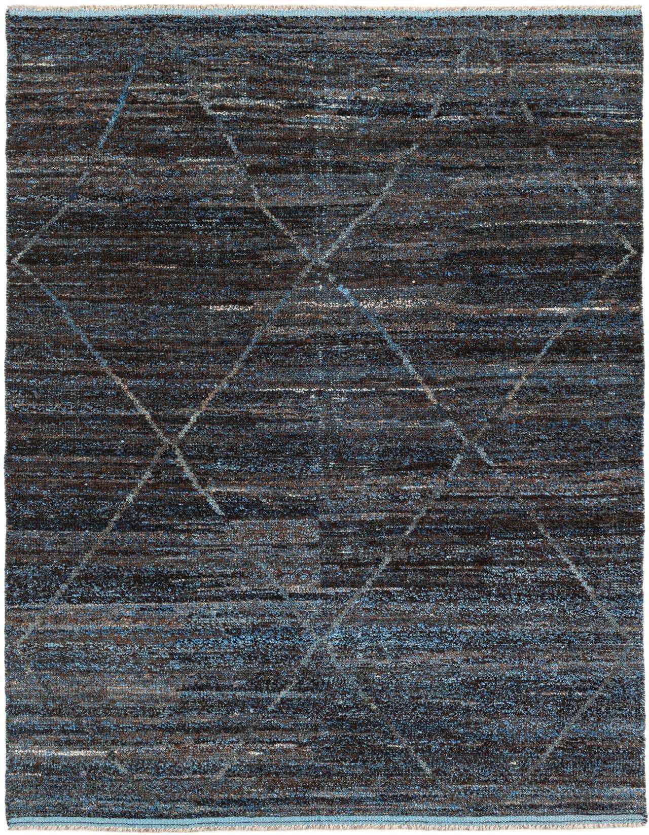 A 6x9 rectangular brown shag rug with subtle blue and tan tribal diamond patterns, suitable for a living room.