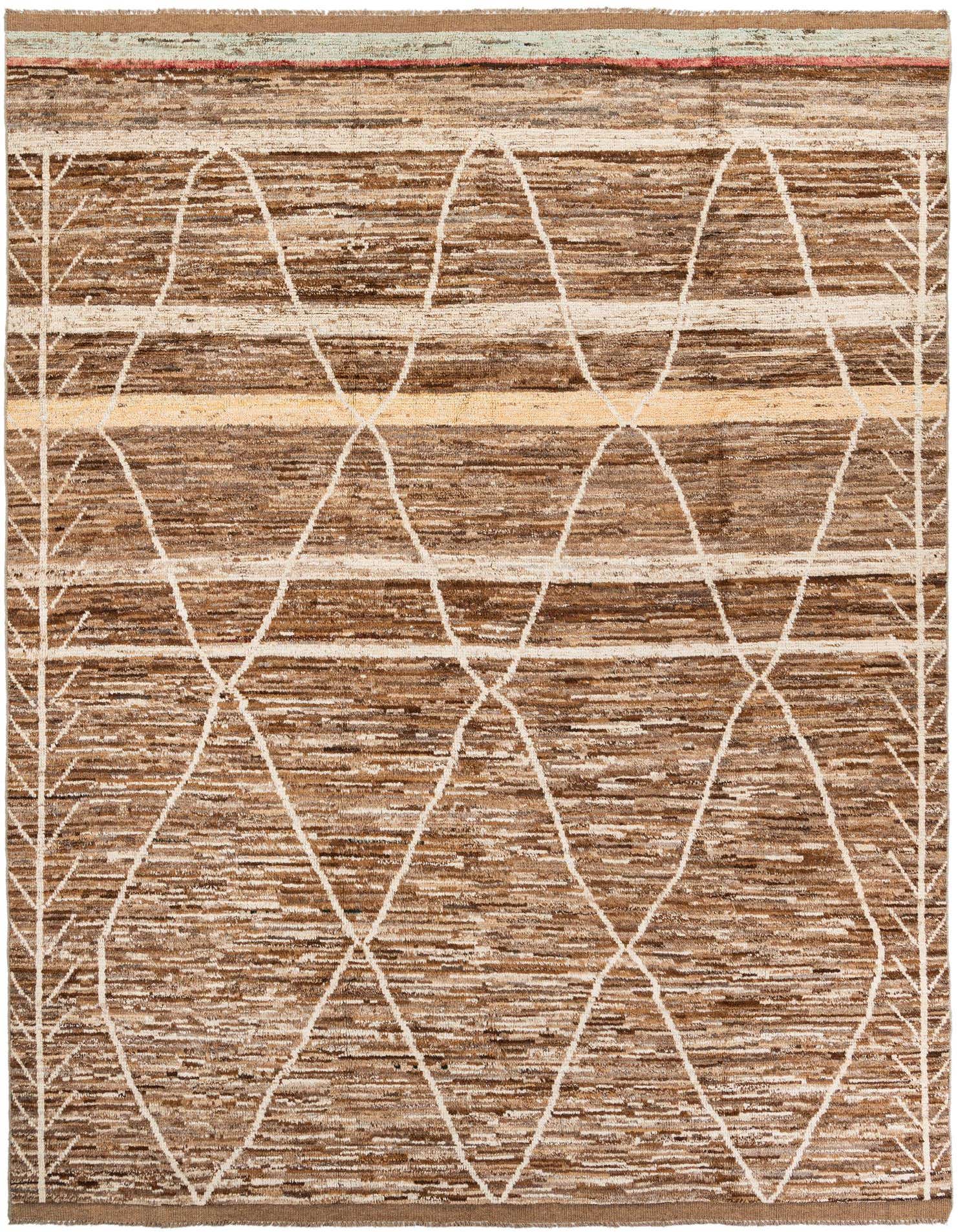 A 10x13 rectangular brown and tan wool shag rug with a modern tribal diamond pattern and thin tree-like borders.