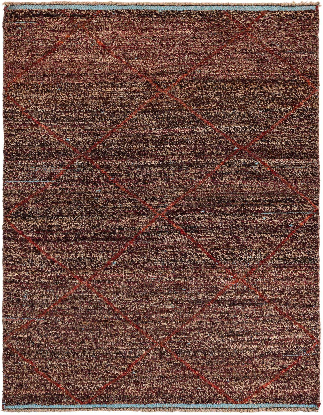 A 4x6 rectangular brown and tan shag rug with a subtle red tribal diamond pattern, ideal for a living room.