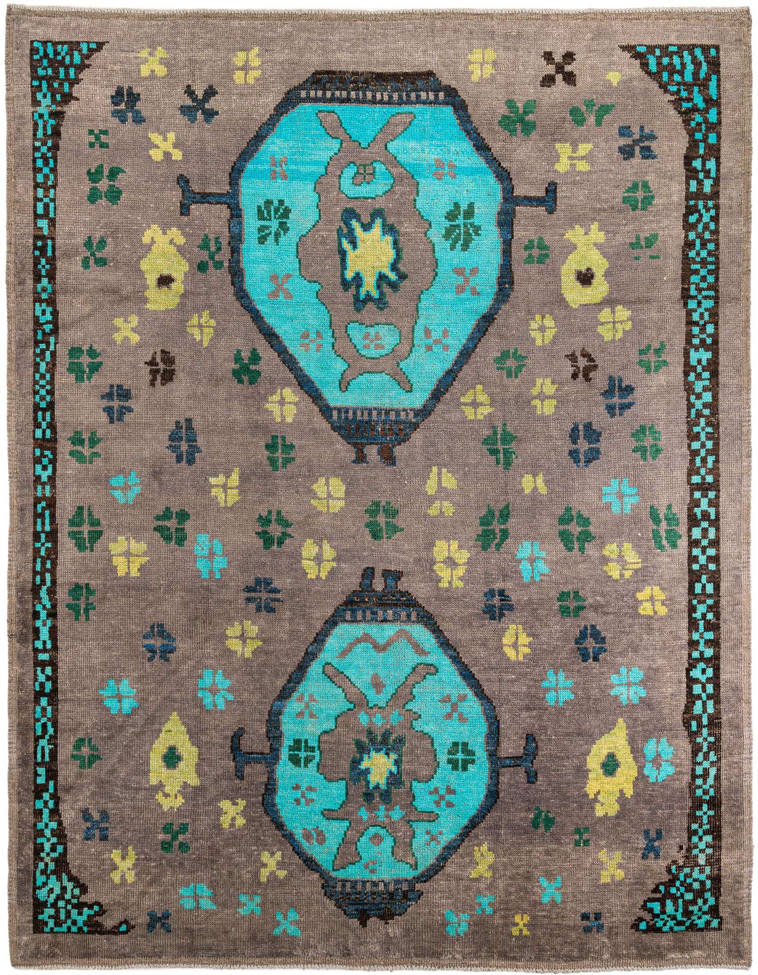 A 10x12 rectangular brown tribal wool shag rug with two large turquoise medallions and scattered colorful floral motifs.