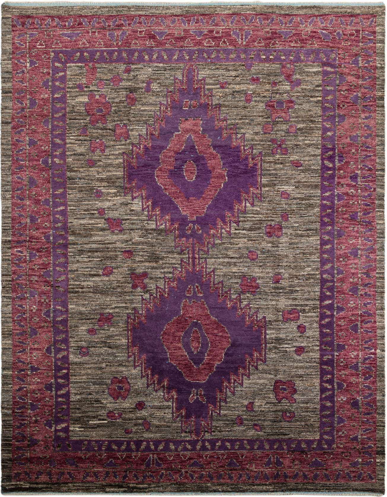 A 10x14 rectangular brown and purple Moroccan tribal shag rug with a central medallion pattern and intricate border.
