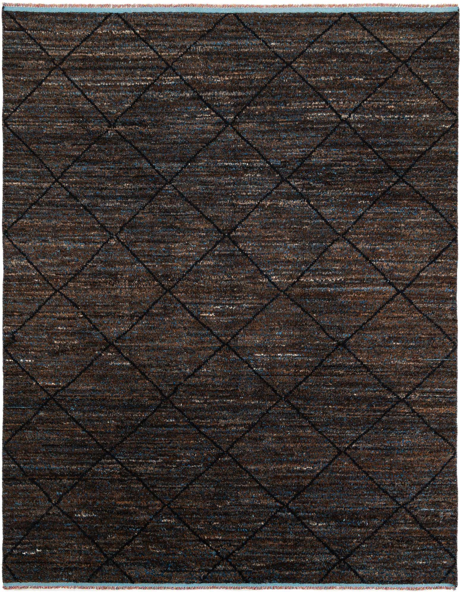 A rectangular 8x10 brown tribal shag rug with a modern diamond pattern, perfect for a living room.