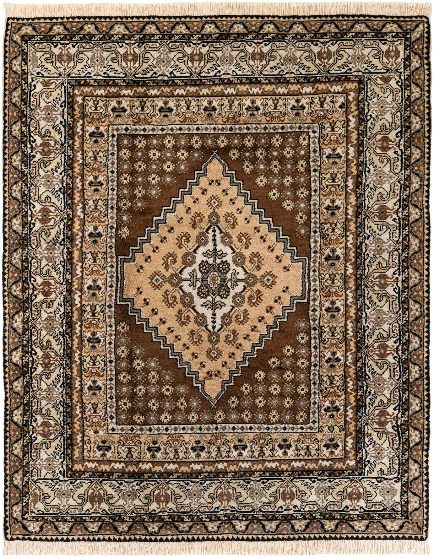 A 6x9 rectangular Moroccan rug in browns and tans, featuring a central medallion and tribal patterns, ideal for a living room.