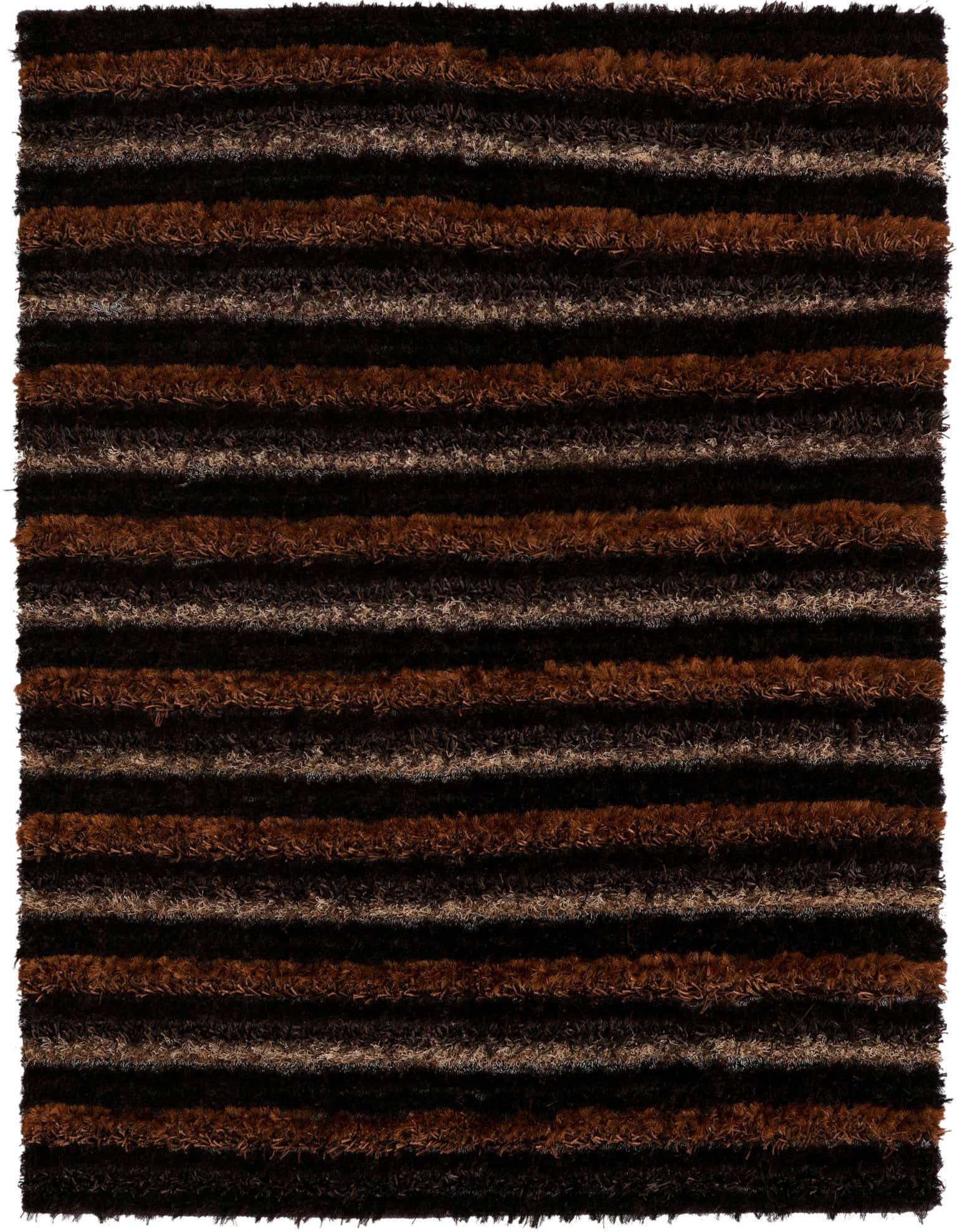 A 5x7 rectangular shag rug featuring horizontal stripes in varying shades of brown, tan, and dark brown.