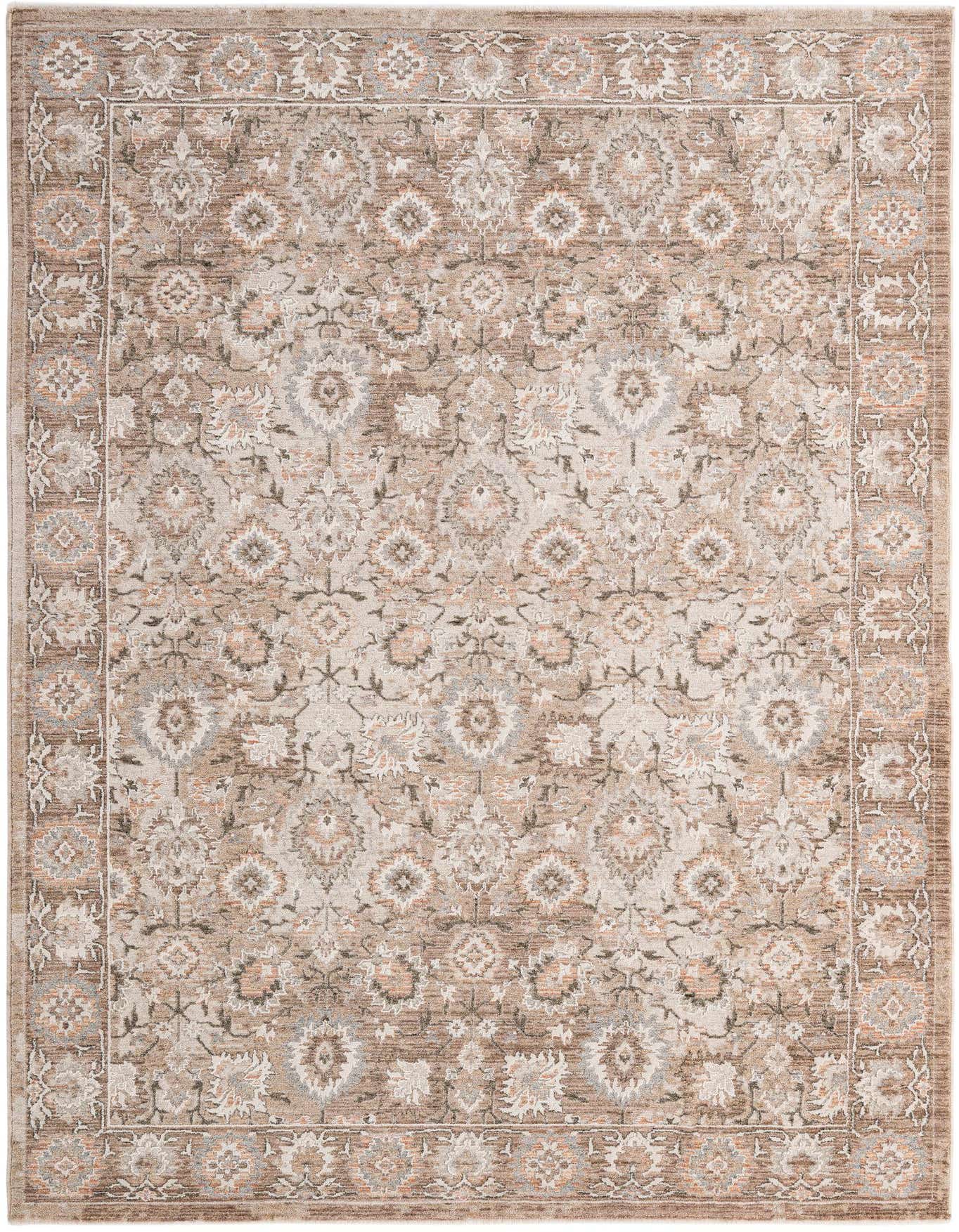A 5x8 rectangular brown and tan traditional Oriental rug with a detailed medallion pattern and border.