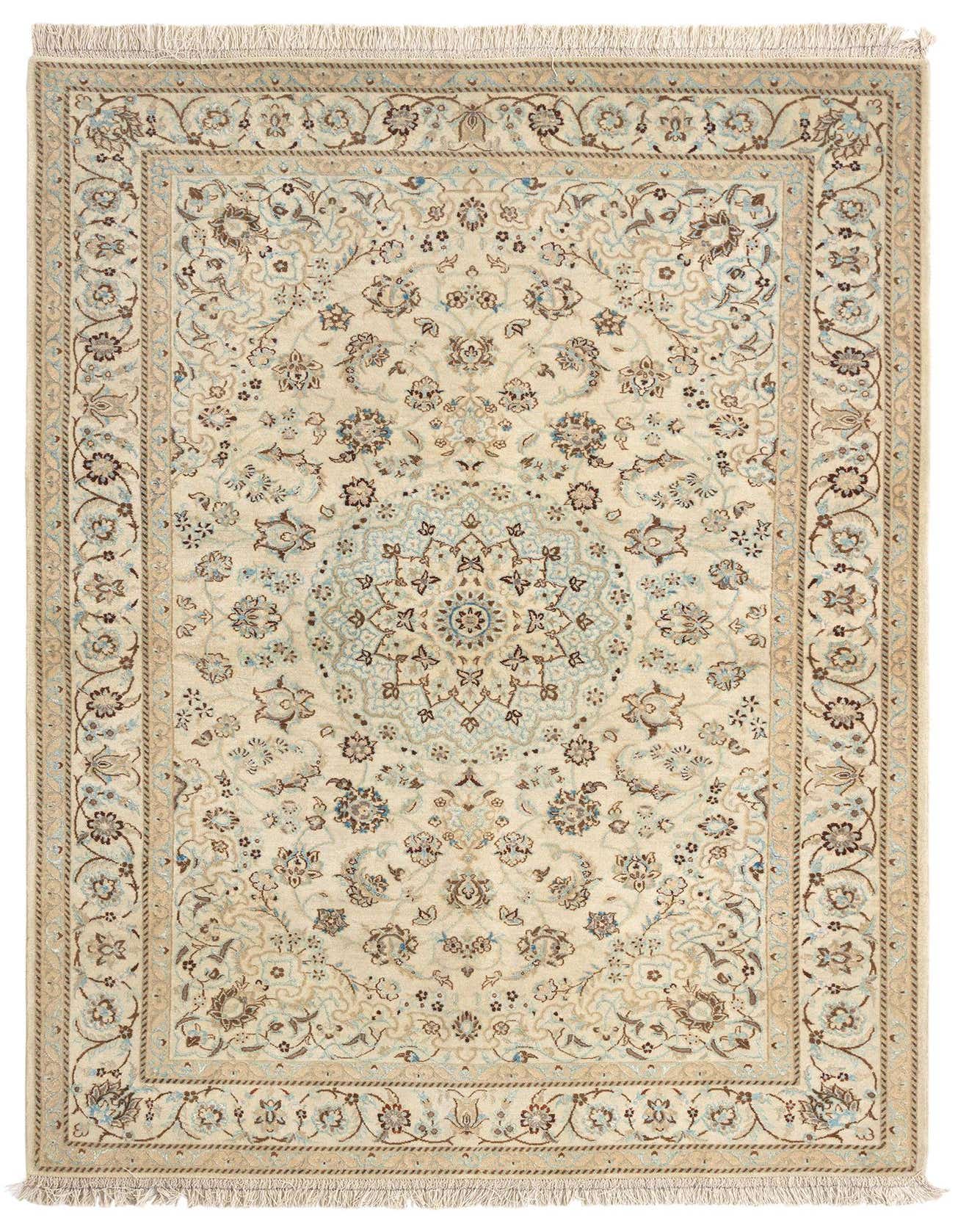 A 4x6 rectangular Rugs.com Nain Persian rug with a central medallion and floral patterns in brown, tan, and light blue on a cream background, with fringe.