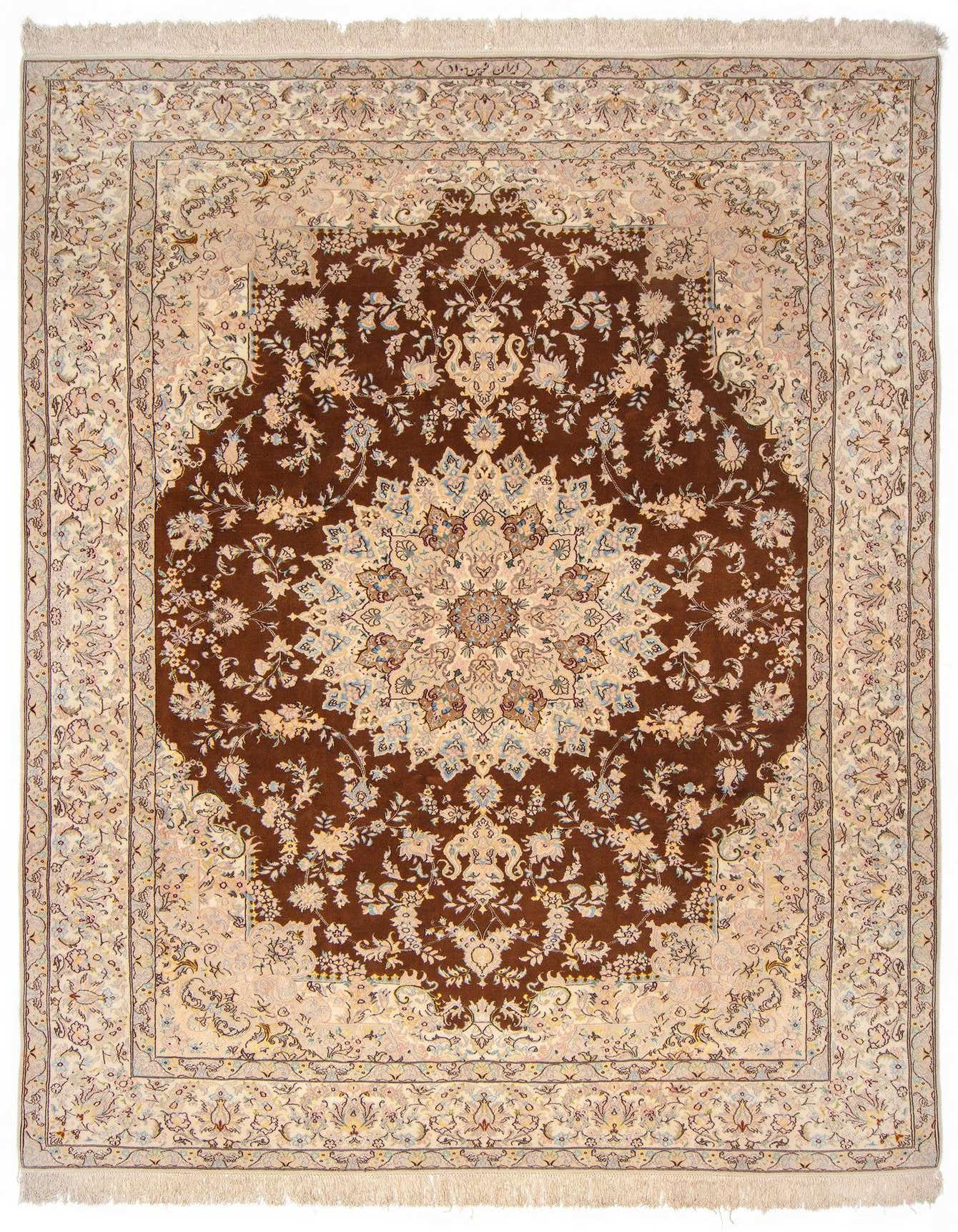 An 8x11 rectangular Persian rug featuring a rich brown medallion and floral pattern, framed by a tan border.