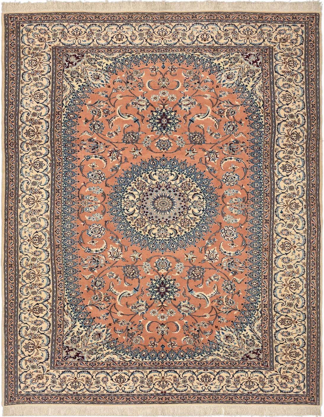A 5x8 rectangular Persian rug with a brown and tan floral medallion pattern, ideal for a living room.