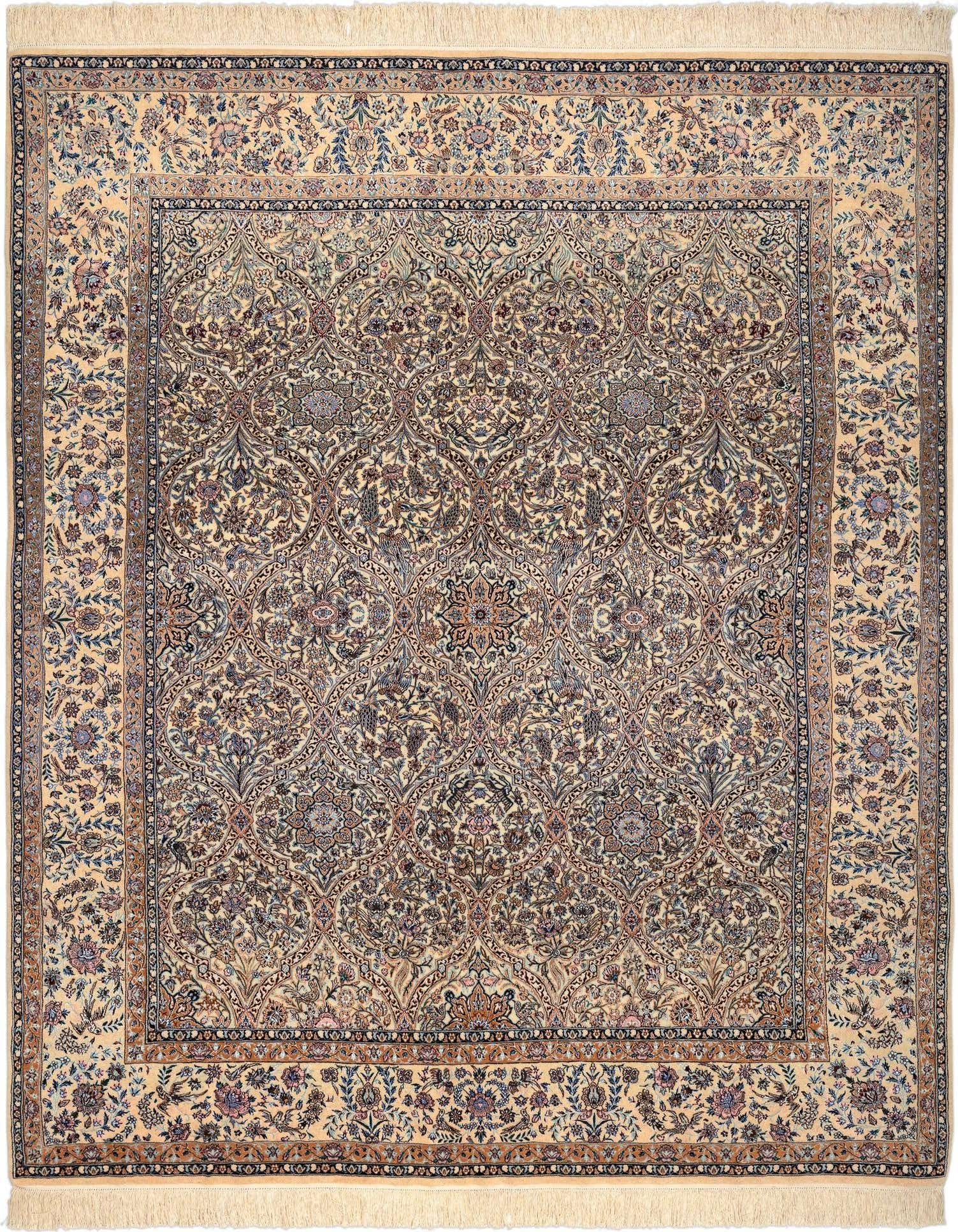 A 5x8 rectangular Nain Persian rug featuring intricate floral and medallion patterns in shades of brown, tan, and blue on a light background, with fringe.