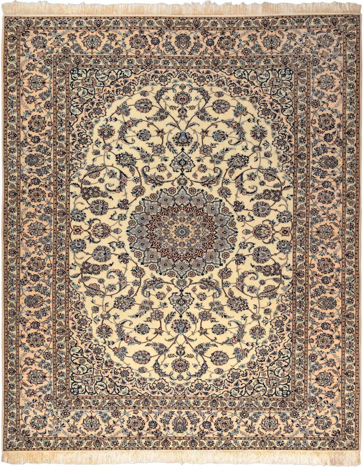 A 7x10 rectangular Rugs.com Nain Persian rug in browns/tans with intricate floral patterns and a central medallion.