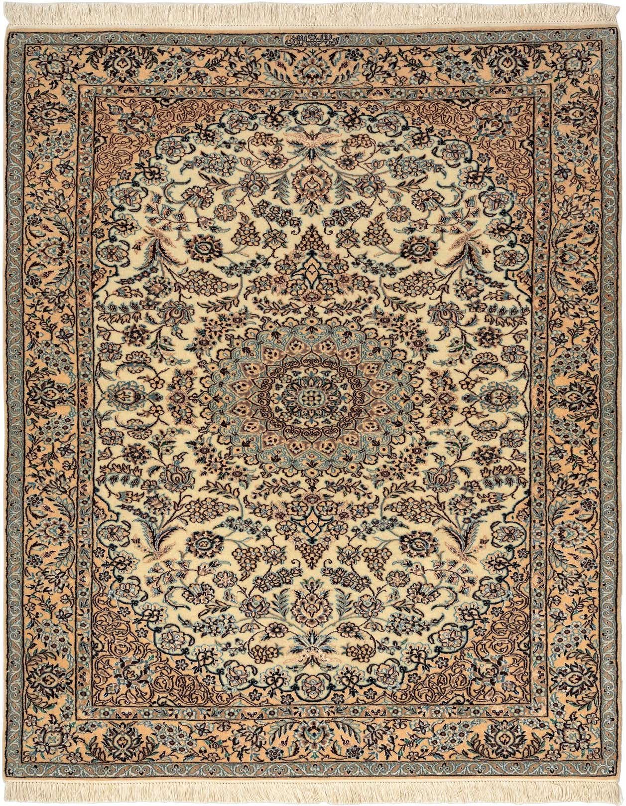 A rectangular 3x5 Nain Persian rug with a cream field, intricate floral patterns in brown, tan, and light blue, and a detailed border.
